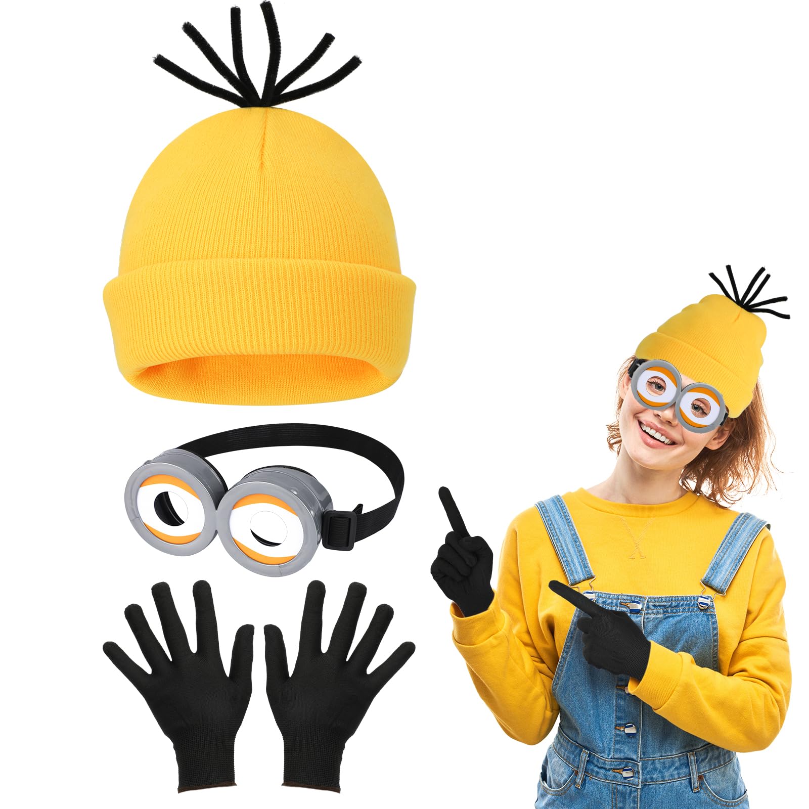 3 sztuki kostiumów Halloween dla dorosłych i dzieci, okulary steampunk z żółtą czapką i czarnymi rękawiczkami, zestaw do kostiumów na Halloween, kostium filmowy dla dorosłych na Halloween, karnawał
