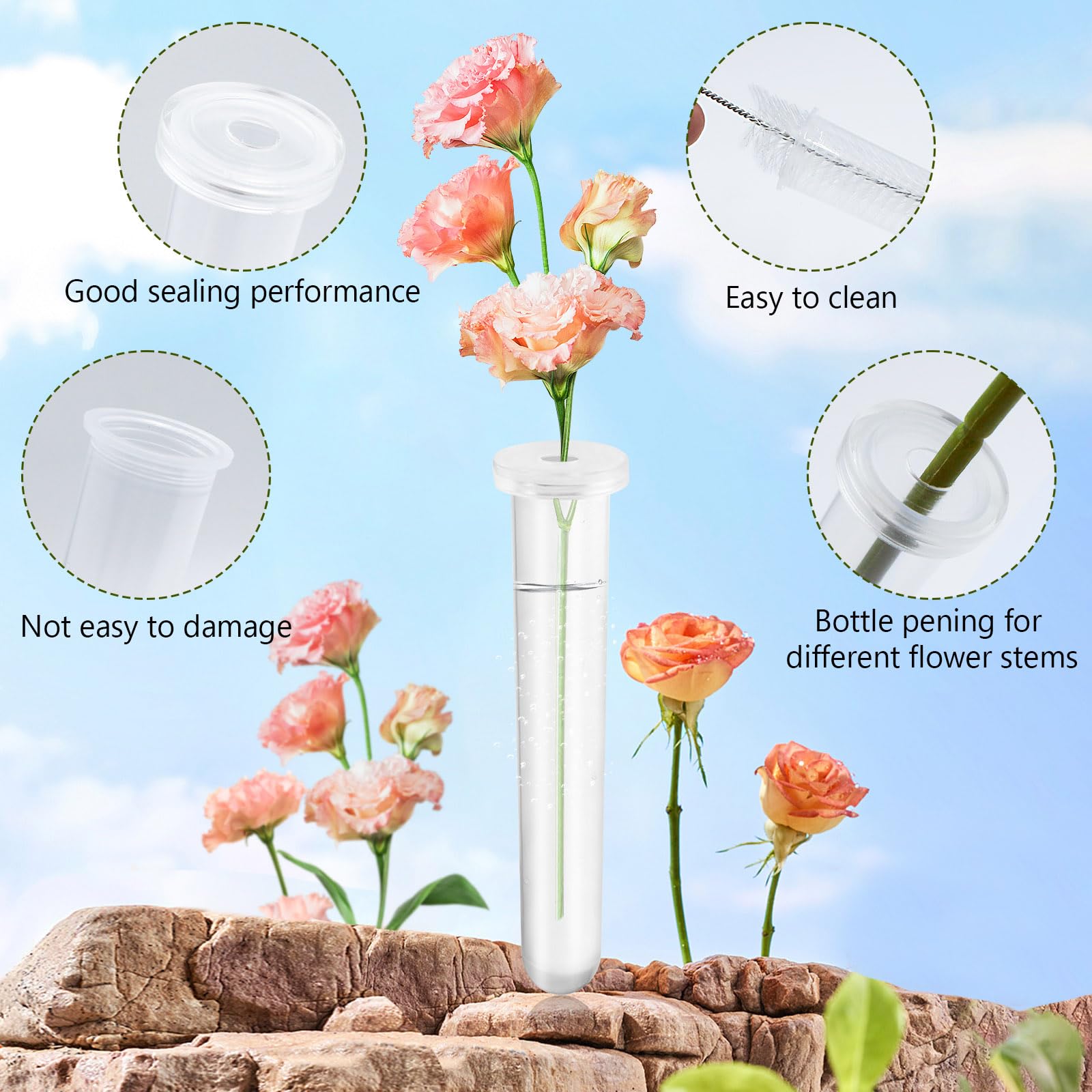 CTDMJ 20 Pièces Tubes D'eau De Fleurs, Tubes à Eau En Plastique, Avec Capuchon En Silicone, Transparent Flacon Fleur Plastique Pour Compositions Florales, Plantes À Fleurs, 11x2,5 Cm