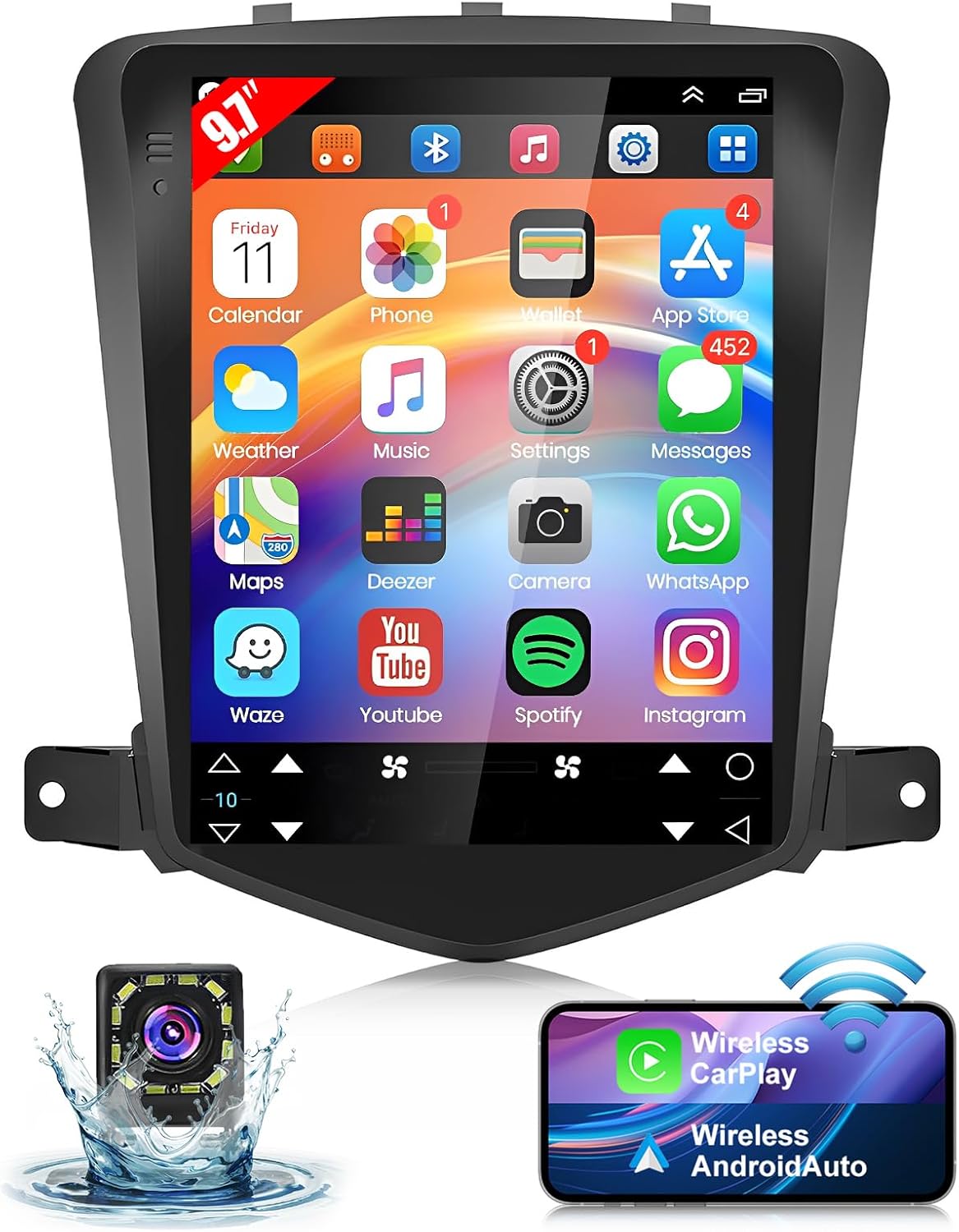 Car Stereo Radio for Chevrolet Cruze 2009 2010 2011 2012 2013 2014 2015, 9.7" HD Touchscreen Android 13 Car Radio Stereo Head Unit with CarPlay Android Auto GPS Navi SWC FM WiFi Bluetooth DSP Camera