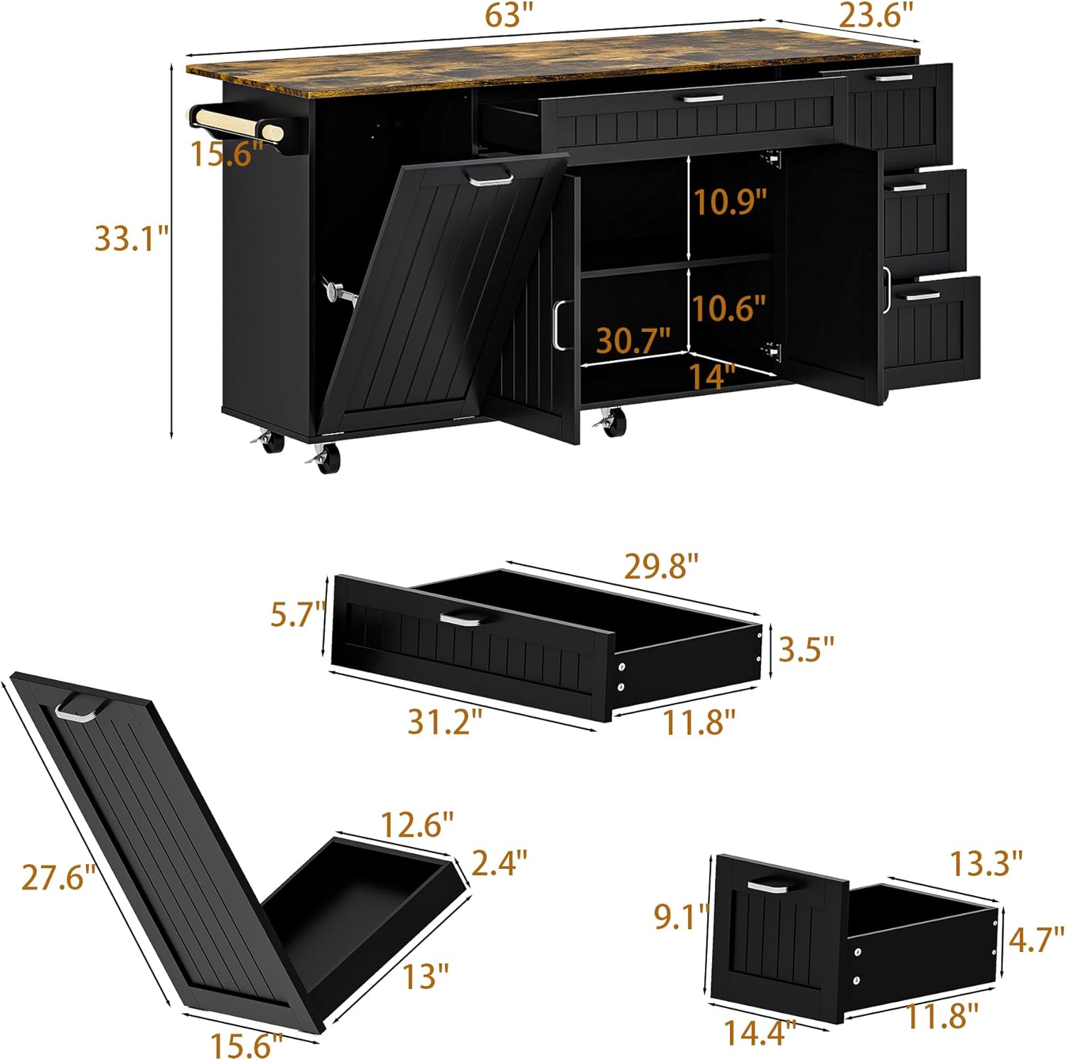 ECACAD 63" Kitchen Island Cart with Folding Drop Leaf & Trash Can Cabinet, Kitchen Rolling Island with Drawers, Doors, Adjustable Shelf & Towel Racks, Mobile Island Table with Wheels, Black & Brown