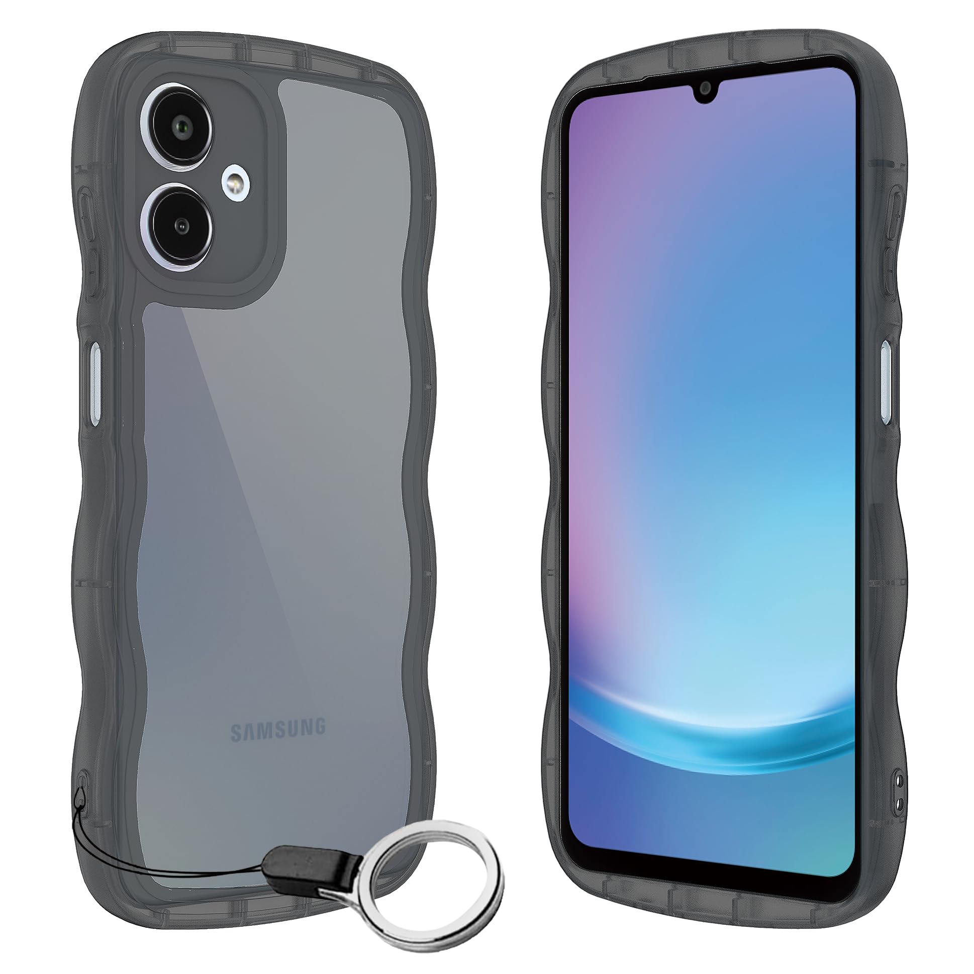 Galaxy A25 5G用ケースリング付き ギャラクシーA25 5G SC-53F SCG33 ウェーブ マグセフ 可愛い マツと感 TPU 耐衝撃 超軽量 極薄 黄ばみなし 滑り止め かわいいうねうね 韓国 人気 ストラップホール付きなみなみ カバー・サムスンA25 5Gクリア ブラック
