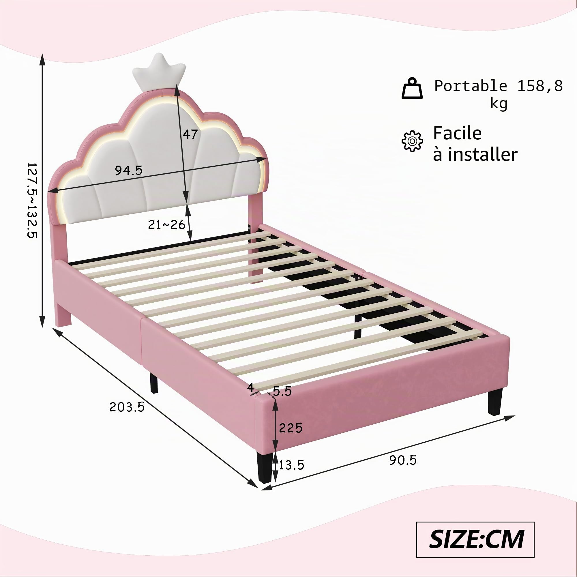 Lit Fille 90x200 cm, Lit Enfant Rembourré avec Tête de lit réglable et LED, Lit Princesse Fille avec Sommier à Lattes, Lit 1 Place Enfant, Rose, sans Matelas