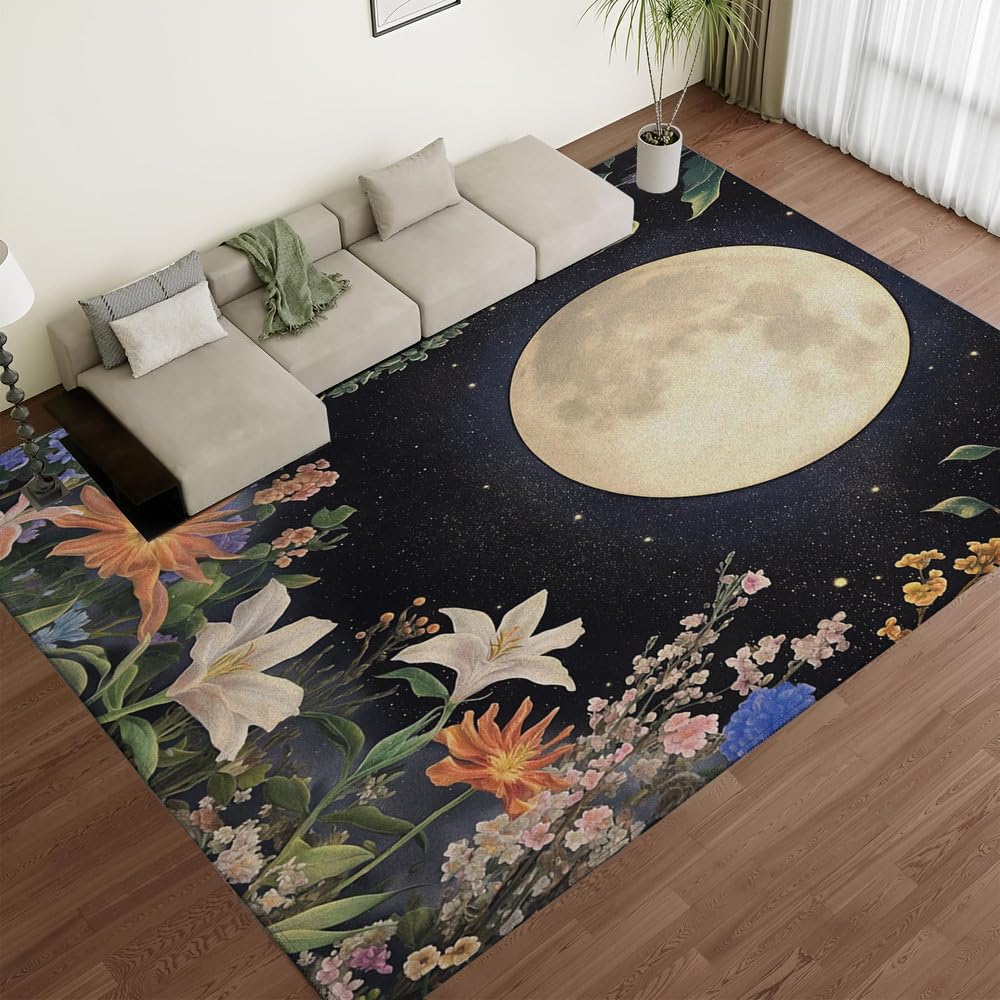 Tapis de sol pour salon paysage naturel noir de lune floral
