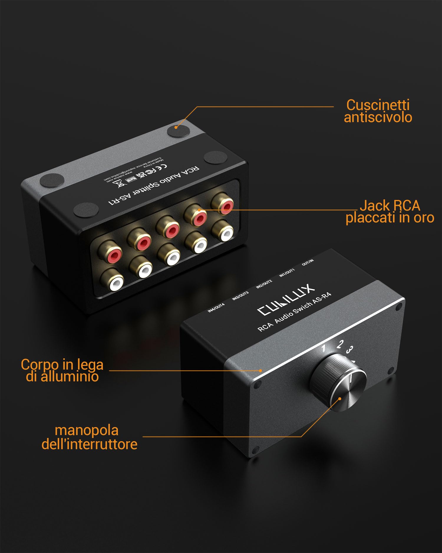 Cubilux AS-R4 Switch Pono bidirezionale a 4 vie, selettore di altoparlanti RCA stereo passivo a 4 canali, commutatore audio Pono da 1 ingresso a 4 uscite/da 4 ingressi a 1 uscita