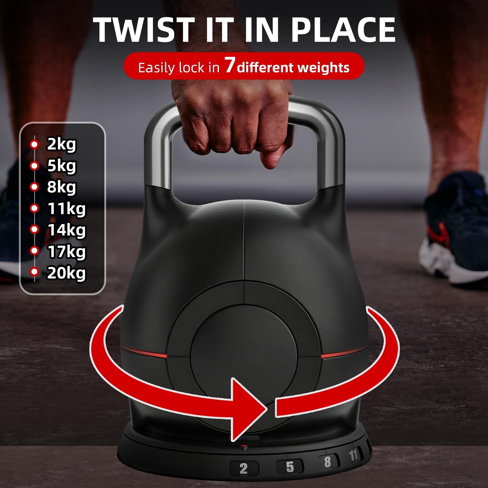 Pesa rusa ajustable, 7 en 1 de 2 a 20 kg, mango de aluminio sólido, ajuste rápido de peso para gimnasio en casa, adecuado para entrenamiento de fuerza de personas en todas las etapas.