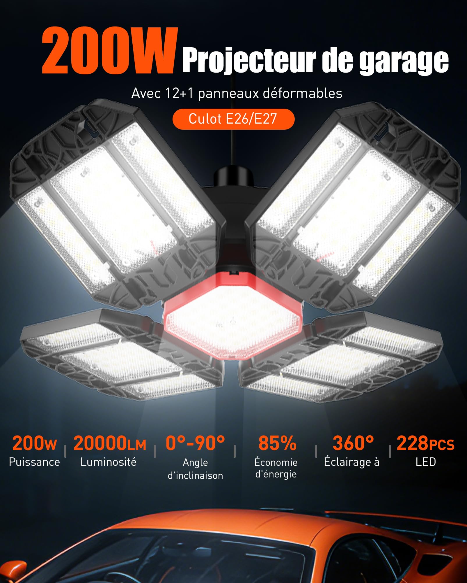 Rafow 200W LED Lampe d'atelier Eclairage de garage 2 PCS - 20000LM 6500K Plafonnier déformable avec 12 Panneaux Réglables - E26 / E27 Bay Light pour cave magasin atelier grange entrepôt