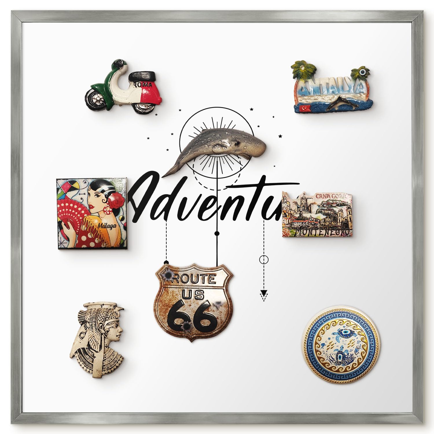 Planner Settimanale per Home Office 50x50 Tema avventura Cornice Argento | Bacheca Magnetica | Pannello Calamitato | da Parete | Organizer | Planning Ufficio | Calamite | Porta Foto | Lista Spesa