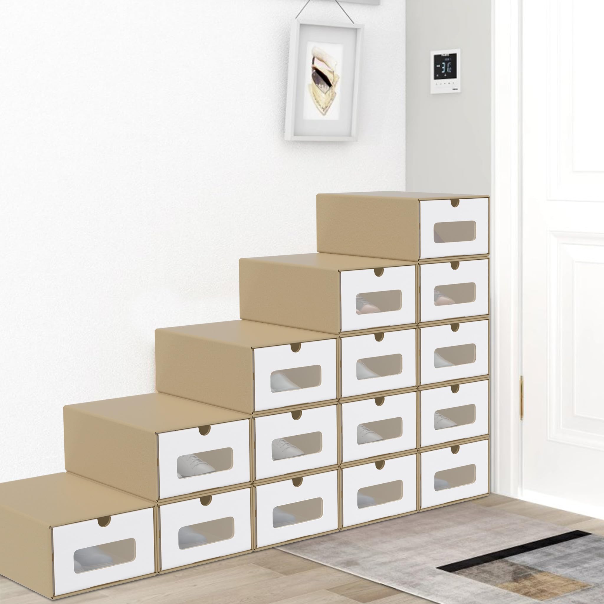 ACXIN Schuhboxen Stapelbar Boxen-Set,Aufbewahrungsbox Schubladen mit Transparentes Sichtfenster,Pappkarton aus Kraftpapier,34.5 x 23.5 x 13.5 cm,30 Stück, Braun