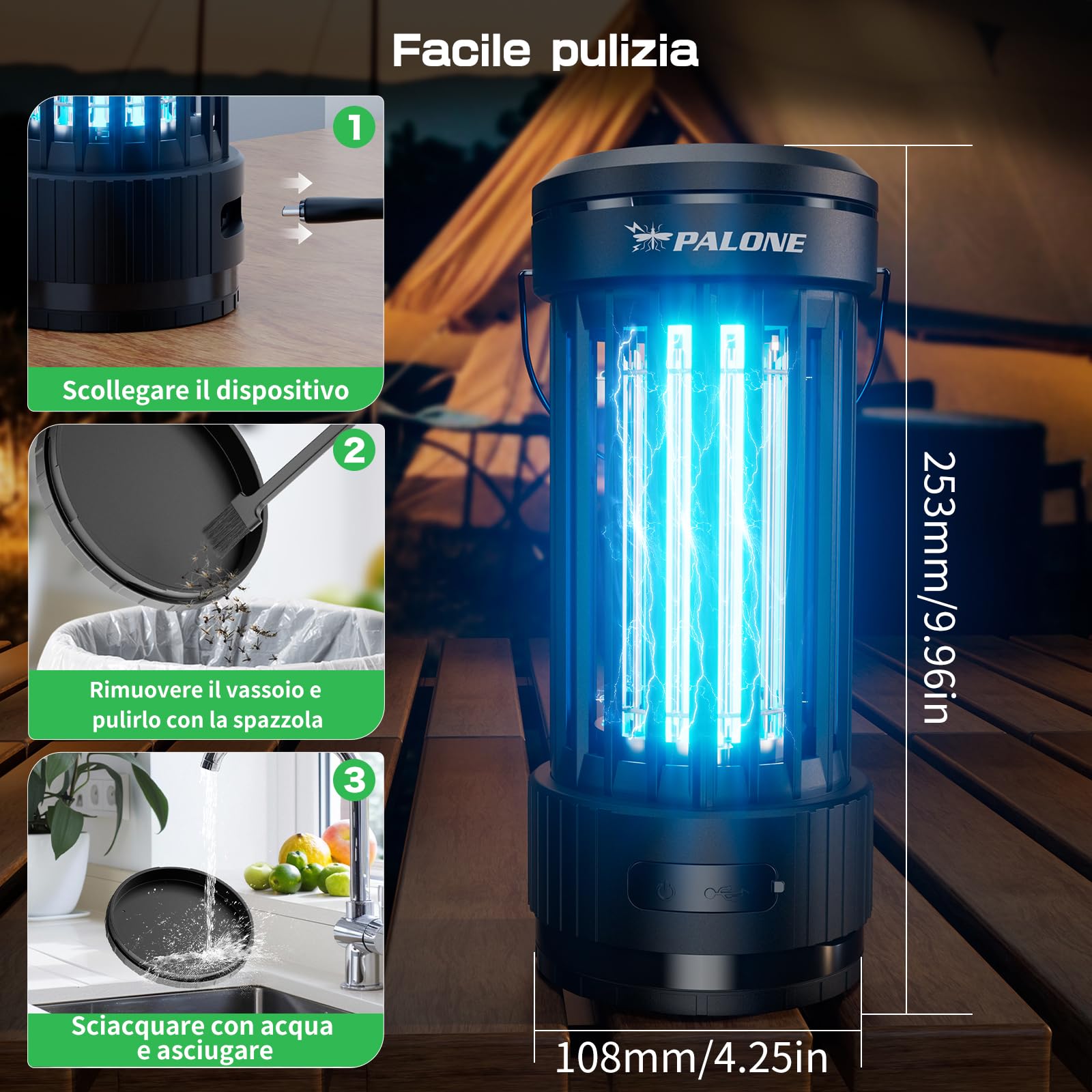 PALONE Lampada Antizanzare Elettrica con Luci UV e LED Regolabili | 4000mAh 4500V USB Zapper per Insetti, Trappola Elettrica Portatile per Interni ed Esterni, Campeggio, Pesca, Escursionismo