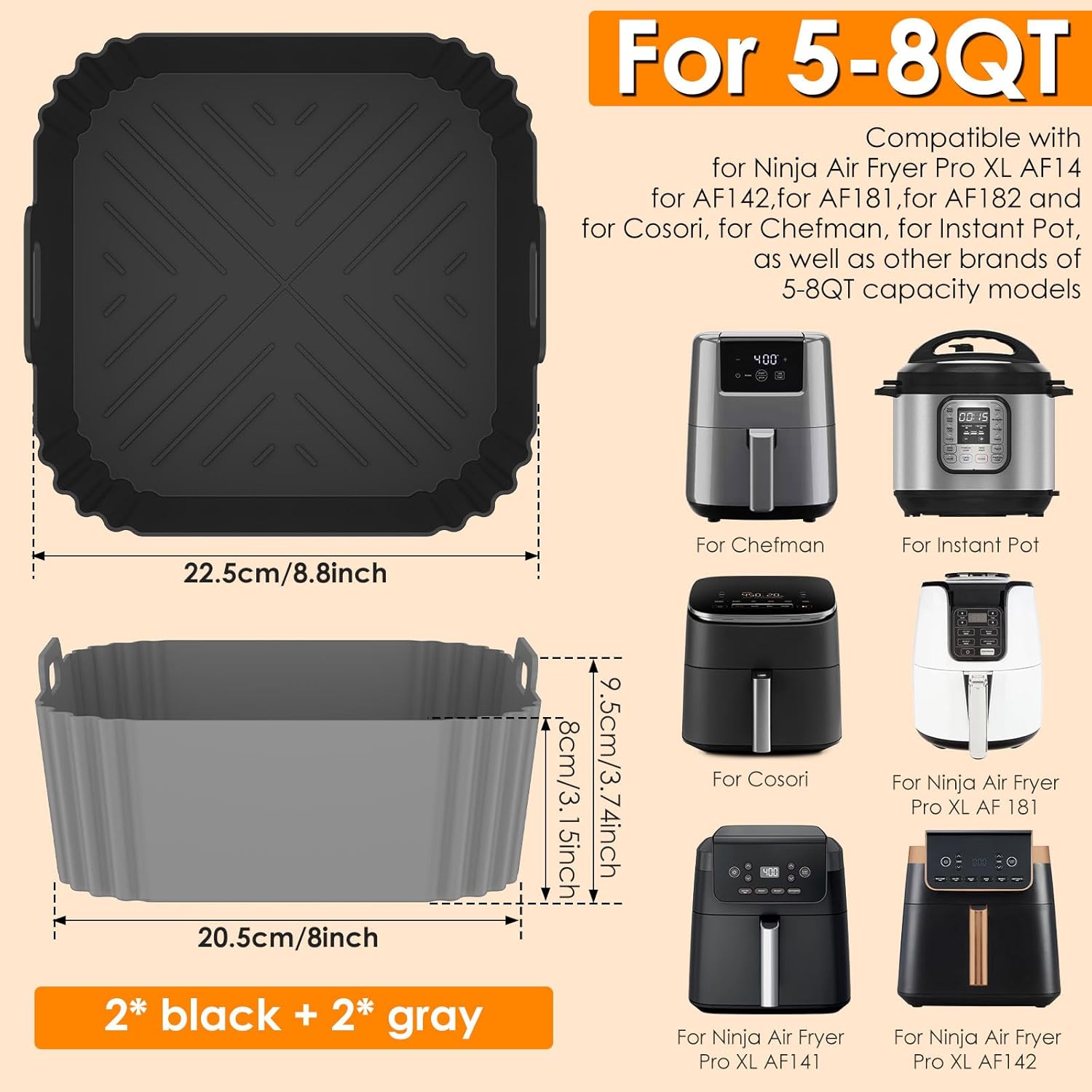 4 Pack Silicone for 5-8QT, 8 Inch Square Reusable Non-Stick Basket Inserts Fit for Air Fryer Pro XL AF141 AF142 AF181 AF182, Pot Oven Liner Baking Tray Air Fryer Accessories