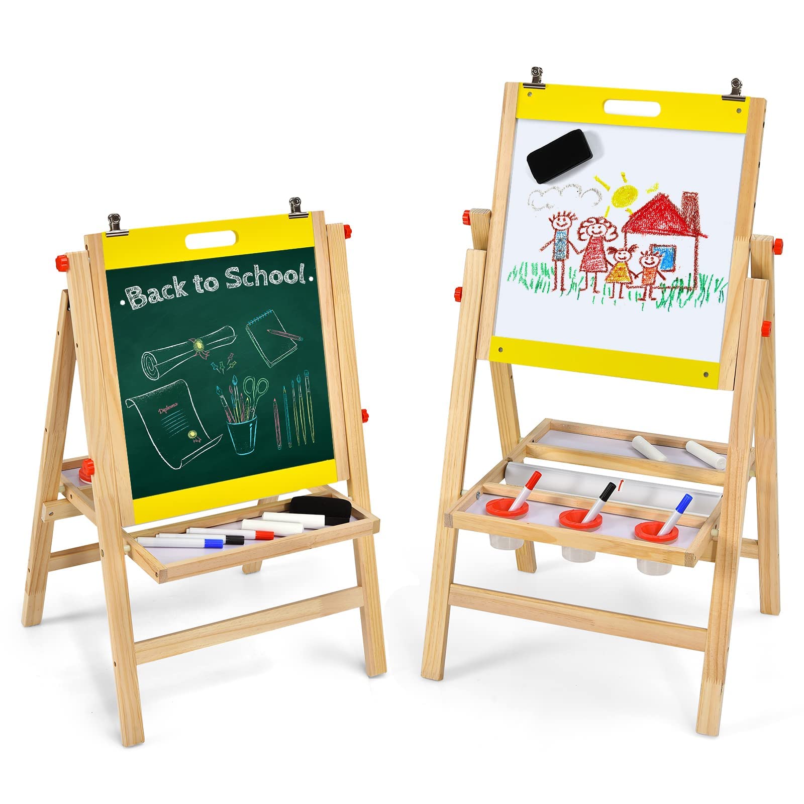 RELAX4LIFE Cavalletto Pittura per Bambini, Lavagna a Doppio Lato in Legno, Altezza Regolabile in 5 Posizioni, con Gessetto, Penne/Gomma per Lavagna e Rotolo di Carta, 50,5x53,5x79-104 cm (Giallo)