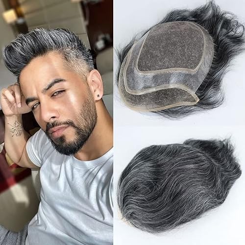 HAPPY&CC Sistema de reemplazo de cabello para hombres, mono fino con poli PU para hombre, pelucas de pelo humano 50% 1B OFF negro con 50% sintético