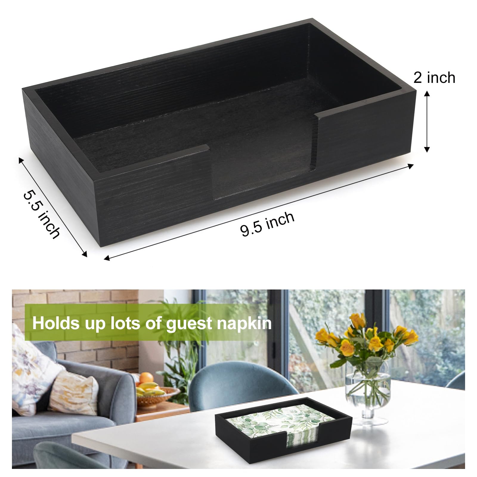 Renawe Servilletero de madera moderno negro y almacenamiento multiusos, mide 9.5 x 5.5 x 2 pulgadas, perfecto para mesa, encimera, baño, toallas de invitados y servilletas de cena