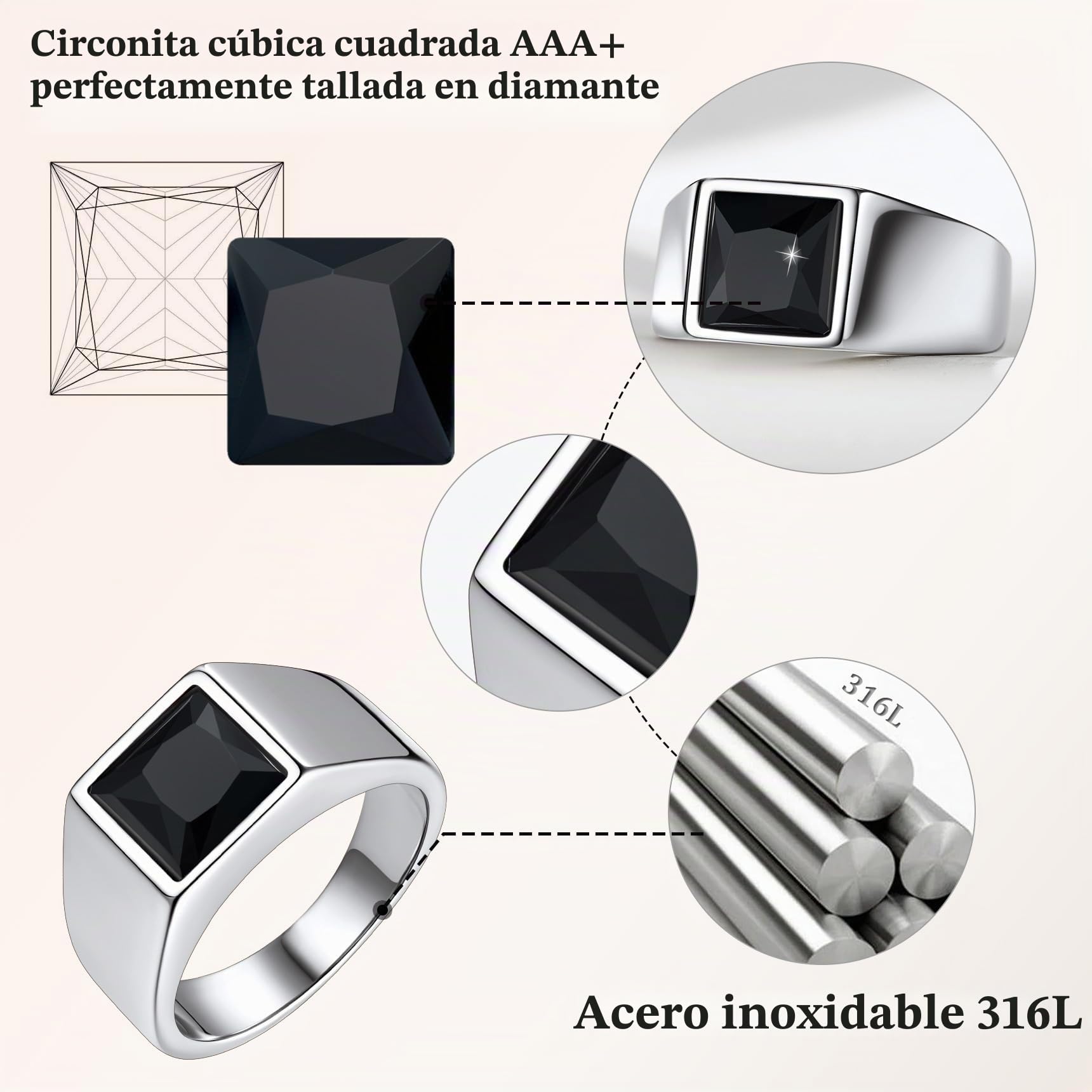 Bestyle Anillo de Sello Cuadrado Hombre Ancho 8mm Piedra Negro/Azul | Acero Inoxidable Personalizados Anillos para Mujer Hombre Tamaño 14.5-32.5