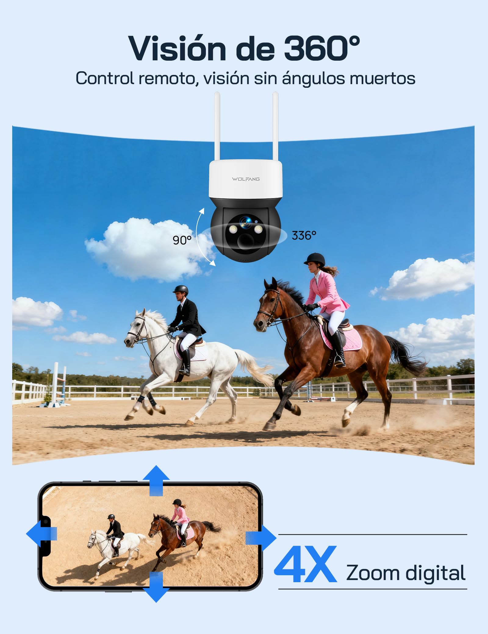 WOLFANG Cámara Vigilancia Exterior Solar 4G con Tarjeta SIM, Cámara De Vigilancia Exterior, 2K HD, Visión Nocturna con Foco, Audio Bidireccional, Movimiento PIR, Grabación Local, Tarjeta microSD 32 GB