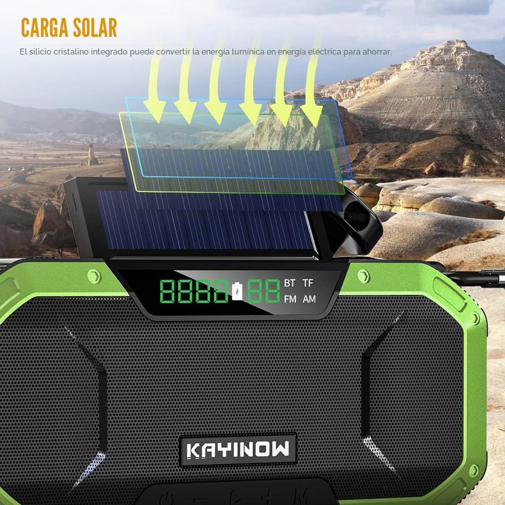 Kavolet Radio solar, portátil, radio Dynamo con AM/FM, 5000 mAh, cargador de batería externa, linterna LED, alarma de emergencia al aire libre, camping y supervivencia