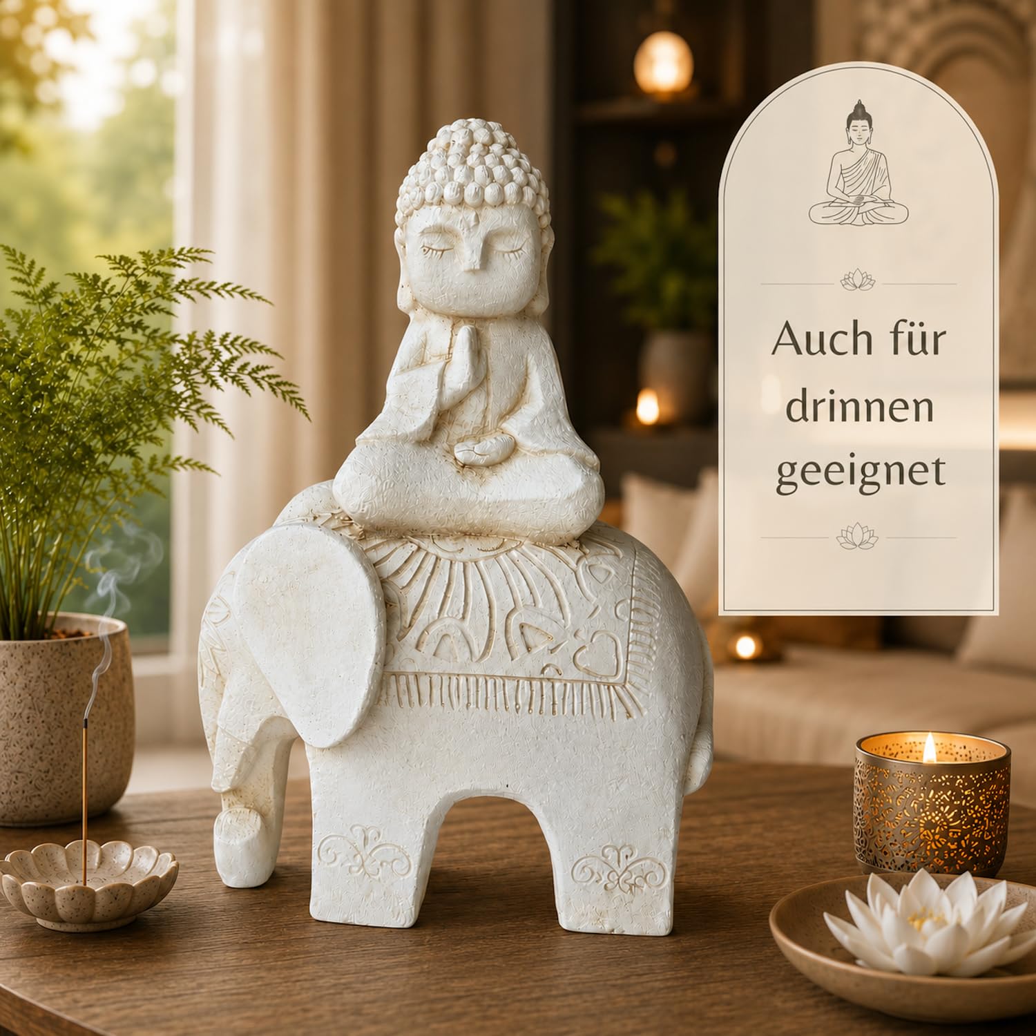 Buddha Figur Garten groß 56 cm – Elefant, wetterfeste Deko | Aus Magnesia, Für draußen – Terrasse & Balkon, Zen & Feng Shui, Steinoptik Creme/Weiß