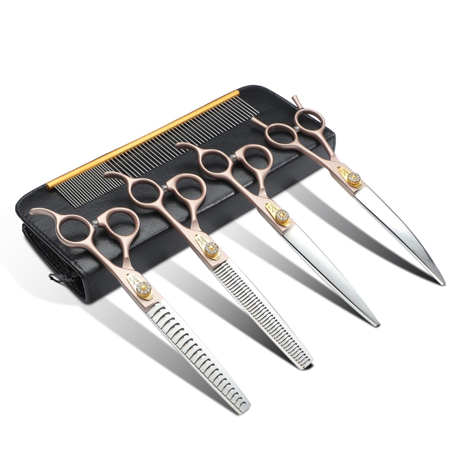 JASON Set di forbici professionali 6 in 1 per la toletta del cane, affilate e resistenti, 17,8 cm, sfoltitori, tronconi, dritte e curve e pettinino per cani, gatti, animali domestici, oro rosa