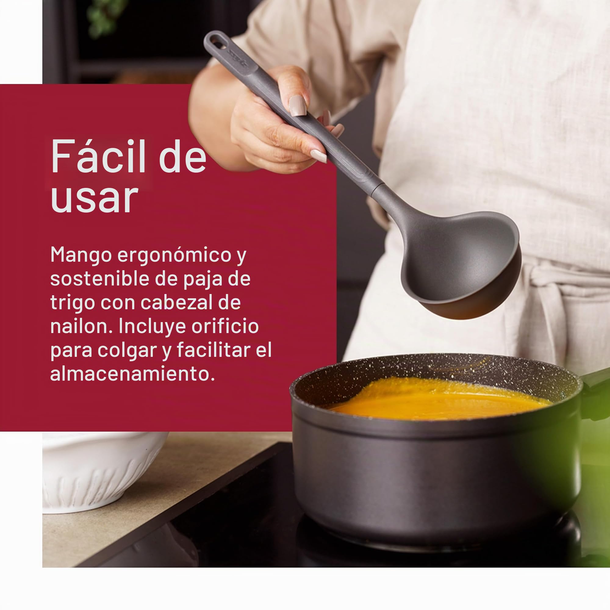 Zyliss Juego de 5 Utensilios de Cocina de Silicona y Paja de Trigo Duraderos con Cucharón, Espátula, Cuchara y Soporte, Cabezales de Silicona Resistentes al Calor, Color Gris Beluga