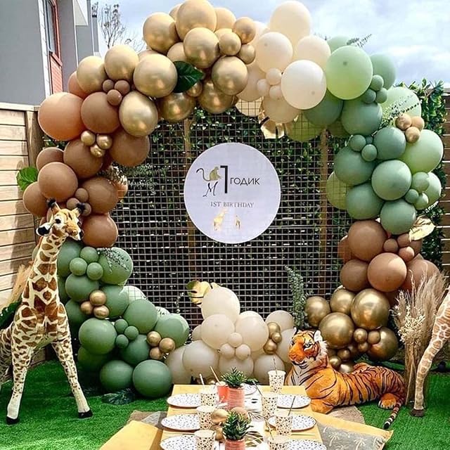 Sage Green Balloon Arch Kit, Olive Green Balloon Garland Kit, Balloon Garland Kit Green Balloons Coffee and Gold Balloons for Wild One 1st Birthday Decorations, Boy or Girl Baby Shower Decorations