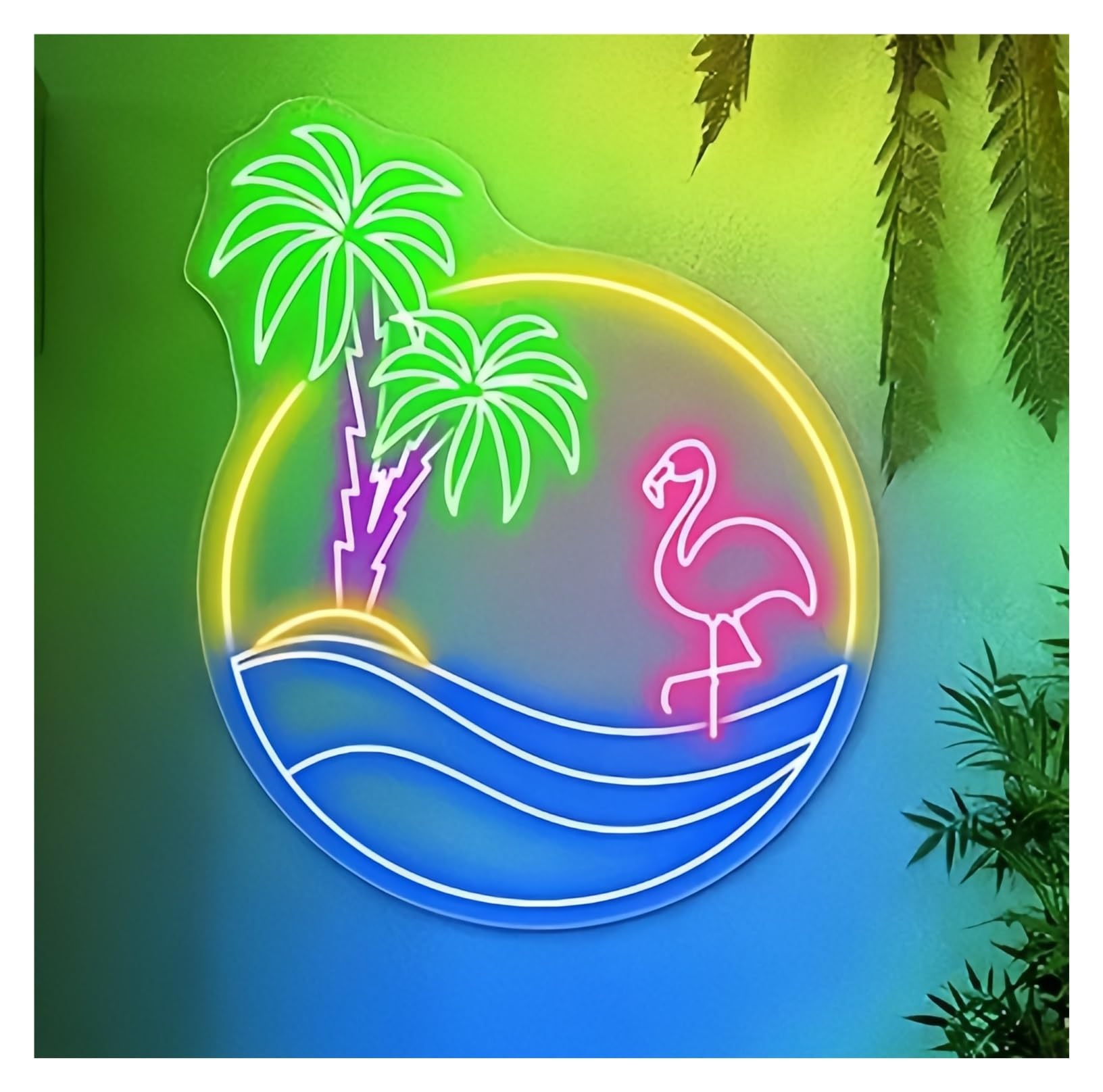 SHOUXI Sign Lamp Neon Palm Tree Sign Tropical Flamingo Sunset for Beer Bar Living Room Wall Hanging Decoration 63x76cm