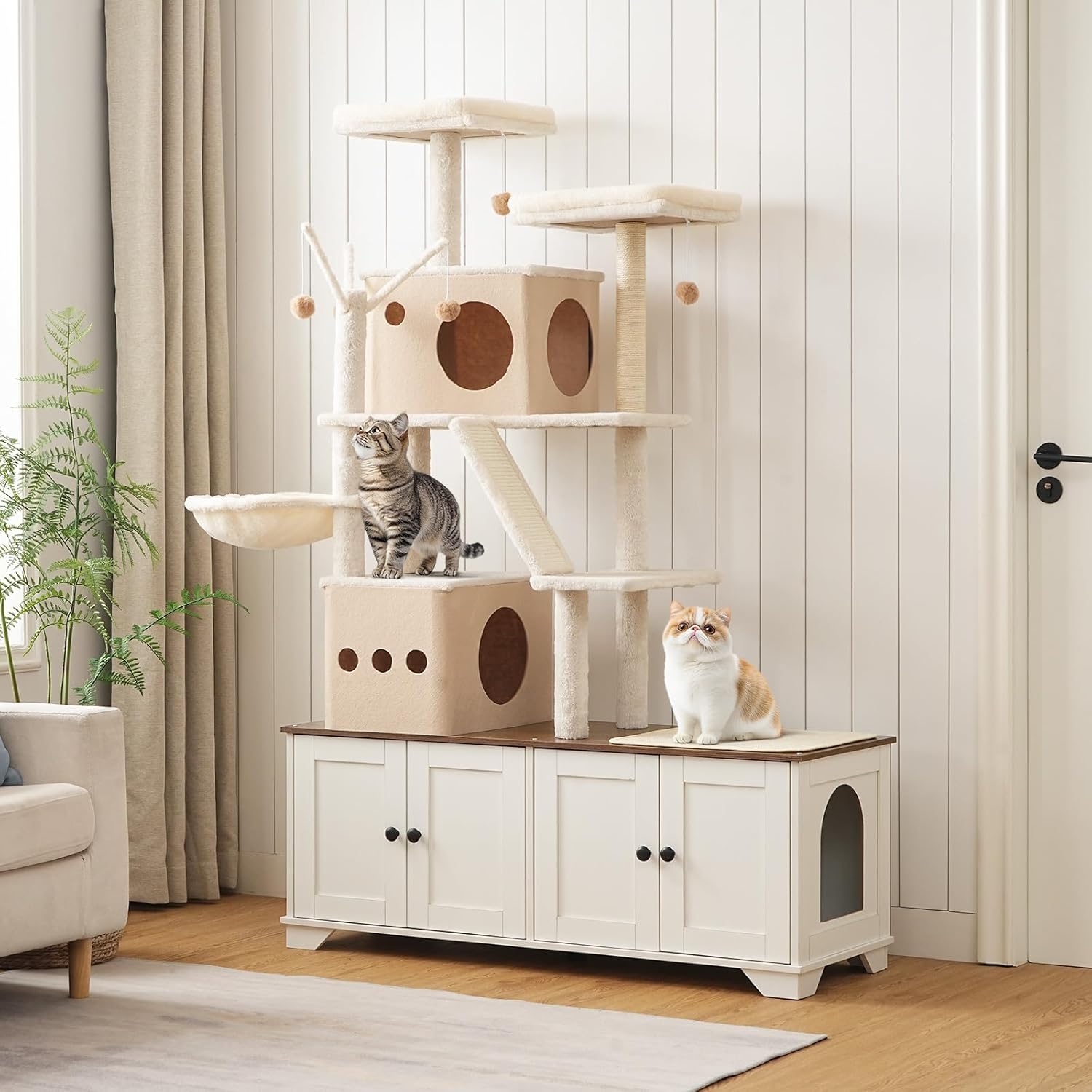 HOOBRO Double Litter Box Enclosure with Cat Tree, 45.3" L x 17.7" W x 68.9" H All-in-One Modern Cat Tower with Bed, Hidden Litter Box Enclosure Furniture, with Hammock, Sisal Posts, White WH22MZ03