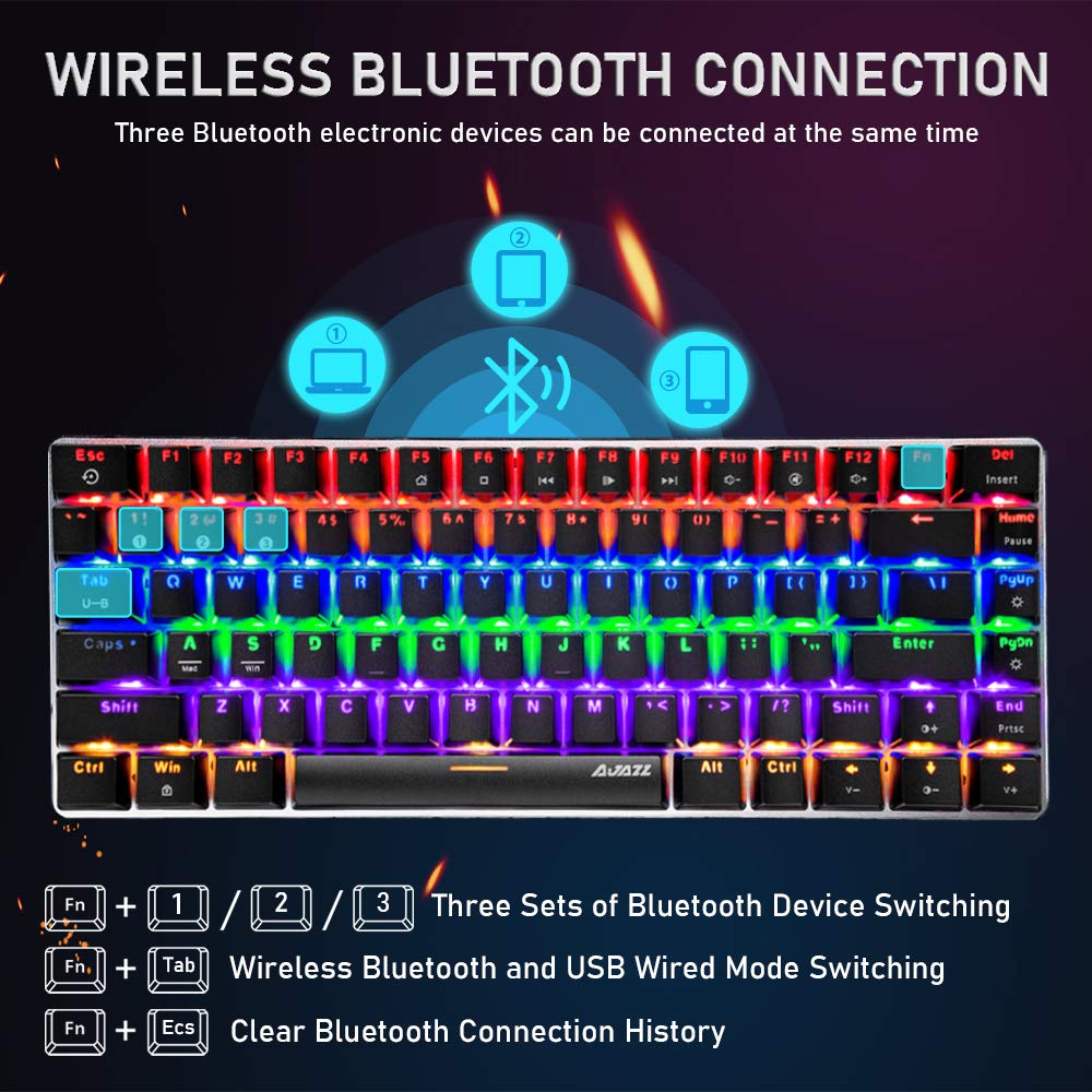 FELiCON AK33 Tastiera Meccanica Bluetooth Gaming Wireless & Wired due modalità, 3 canali di connessione Bluetooth, 18 Rainbow Backlit, QWERTY 82 Tasti anti-ghosting (interruttore blu, nero)