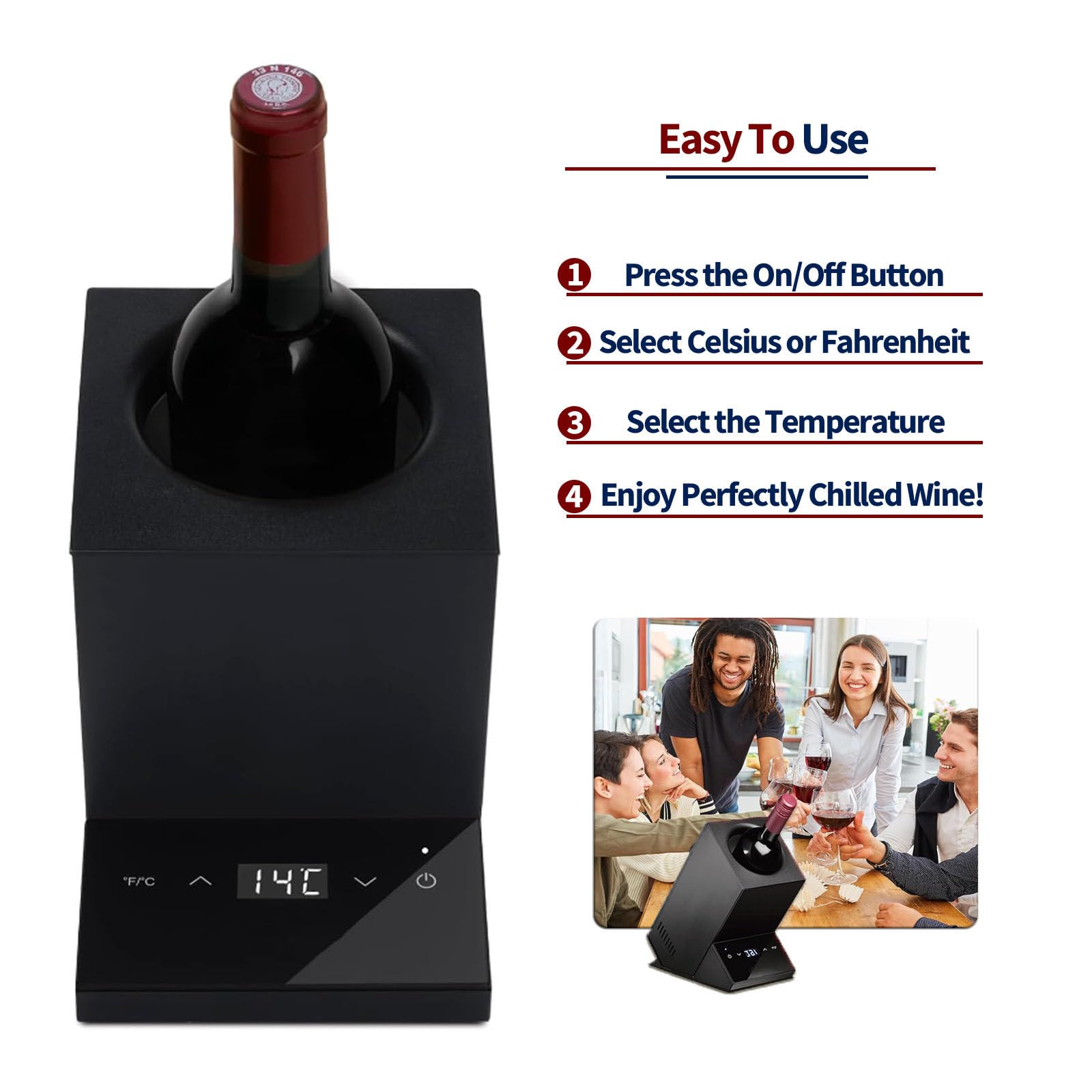 Elektrischer Weinkühler, Eimer-Stil, Einzelflasche, Champagner, eisfreier Weinkühler mit Touchscreen-Temperaturregelung, Weinzubehör für Küche, Wohnmobil, Bar,Black
