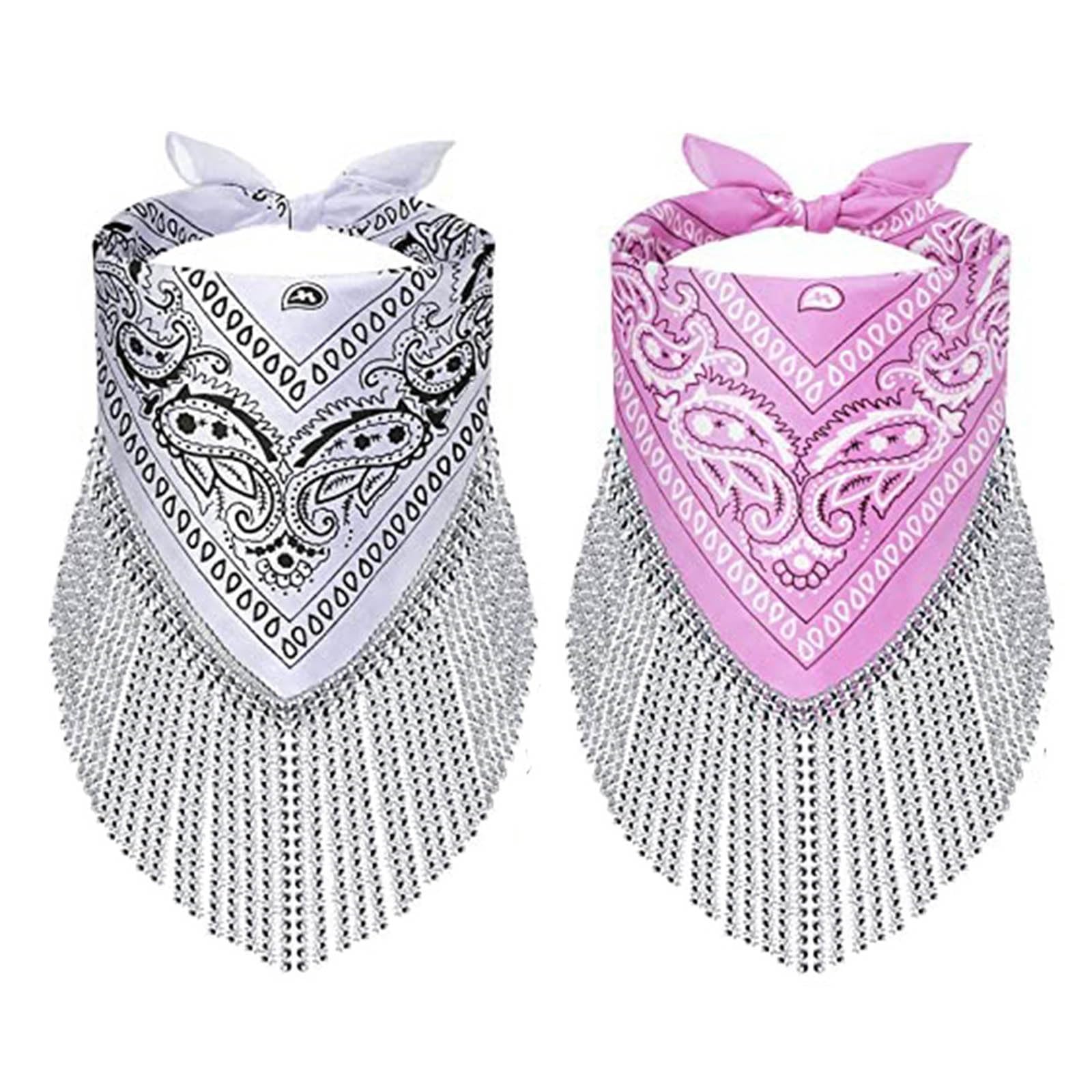 UCITY2 Pcs Disco Fringed Bandana Cowgirl Bachelorette Bandanas Sparkly Fringe Rhinestone Bandana for Women Girls Bachelorette Western Party Favor, Pink+white, L