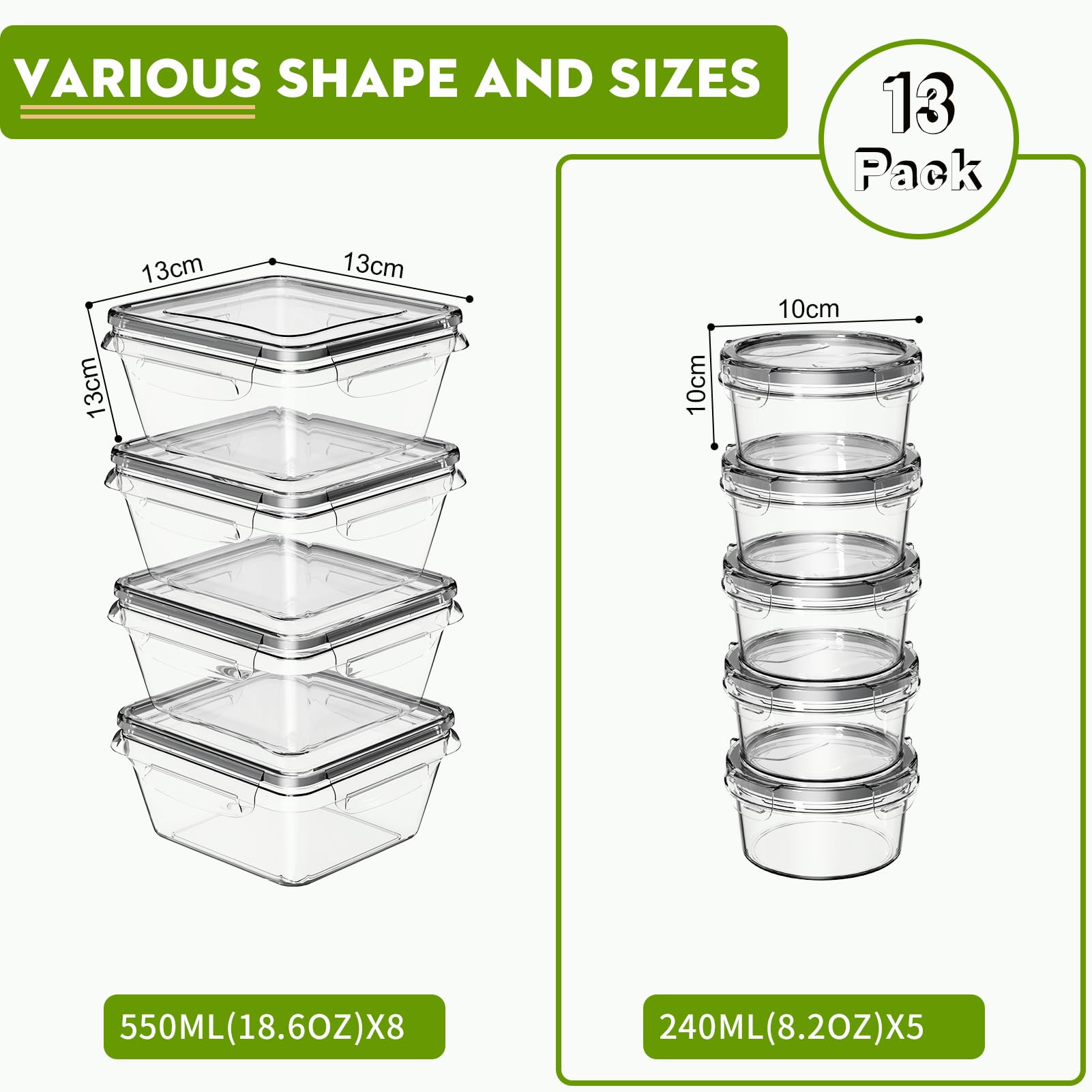 GoMaihe - Set di 13 contenitori salva freschezza rotondi con coperchio, ermetici, per uso alimentare, lavabili in lavastoviglie e adatti al congelatore e al forno a microonde, senza BPA