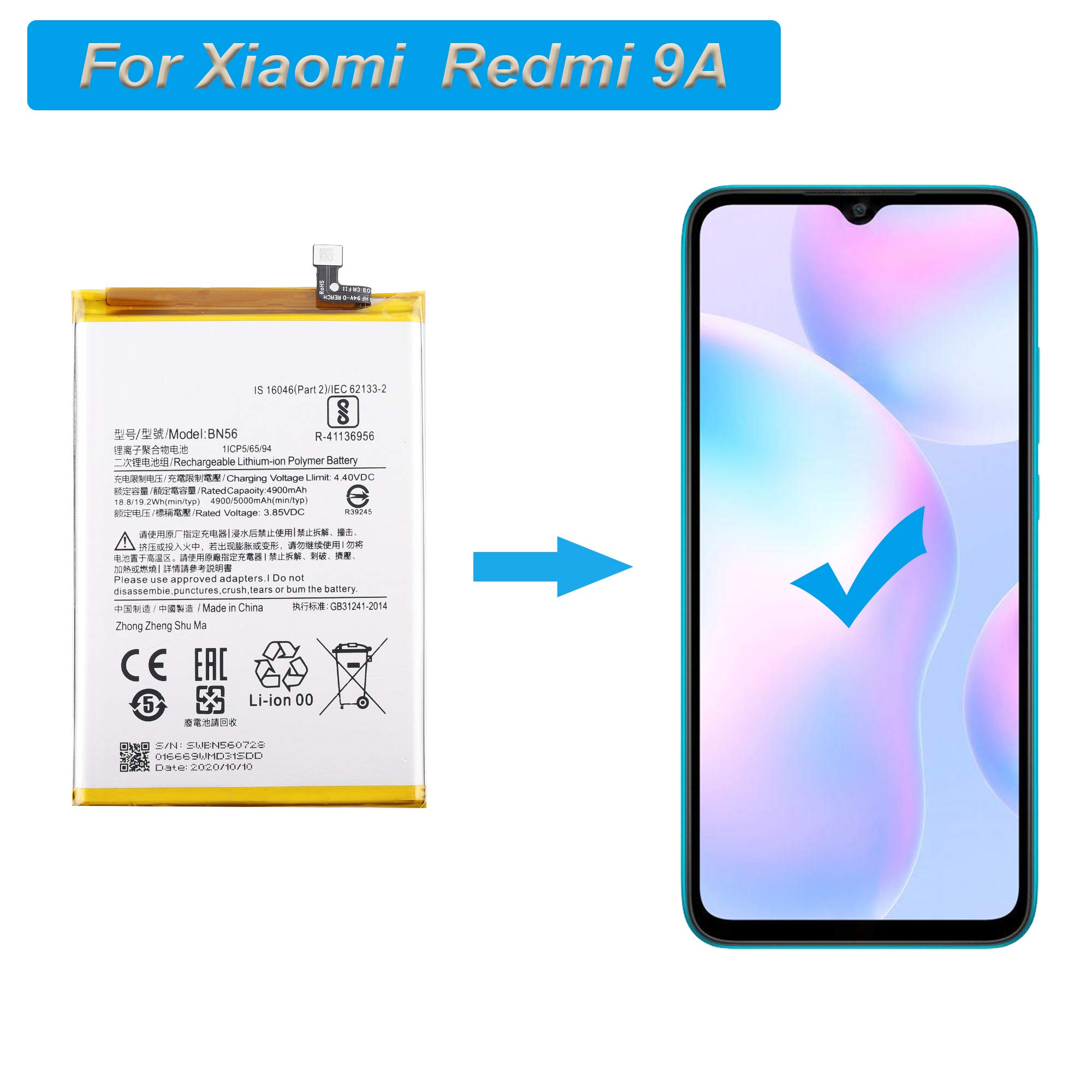 Batterie BN56 Rechargeable 5000mAh Pour Redmi A1, 9A, 9C, 9AT - Kit Outils Inclus
