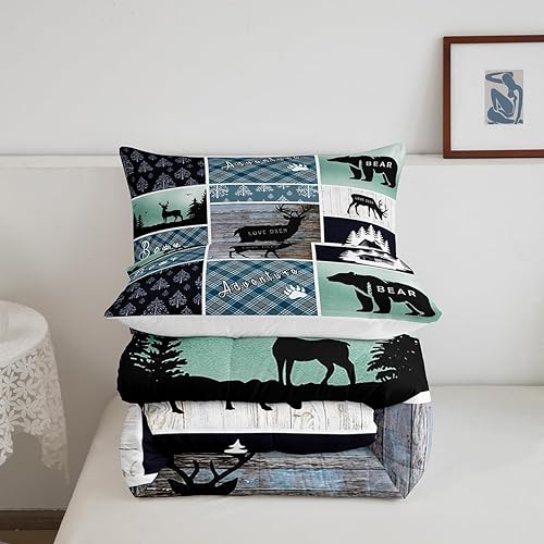 Miniatura 5 de Juego de edredón de oso y ciervo, tamaño individual, ropa de cama de animales salvajes de caza, colcha rústica de cabaña, casa de campo, cuadros