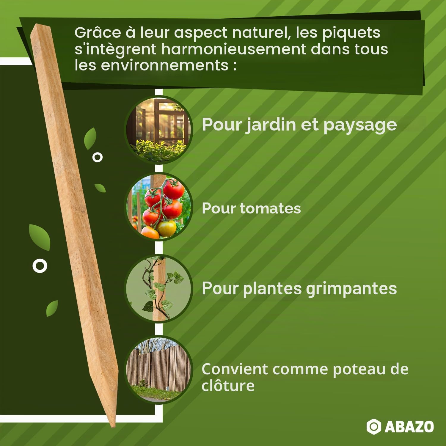 tiges en bois de hêtre, poteaux en bois - Support pour plantes idéal pour les poteaux de clôture, travaux de jardinage et DIY - Tiges de plantation robustes - Piquets en bois de 25 mm de