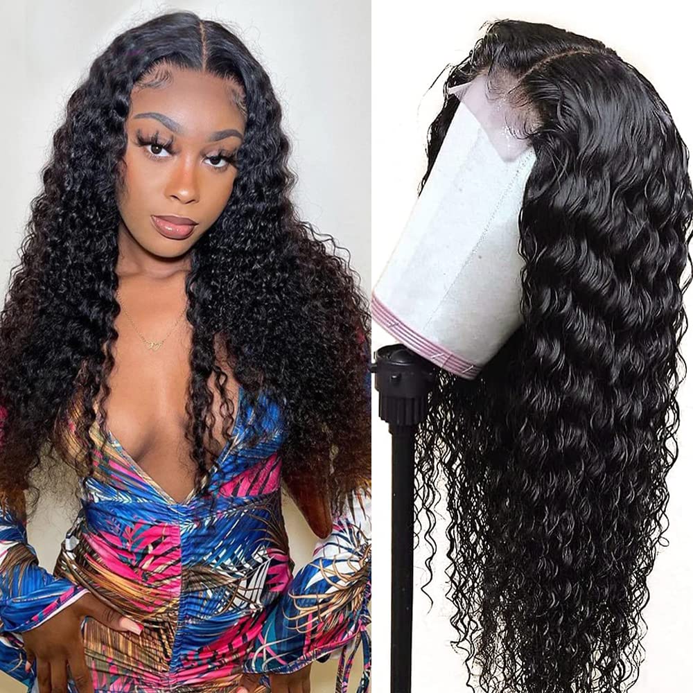 Shengyang Lace Front Wigs Human Hair Deep Wave 4X4 Lace Closure Wigs, 150% Density Brazilian Virgin Human Hair Wigs Pre Plucked with Baby Hair for Black Women Natural Color (22inch)