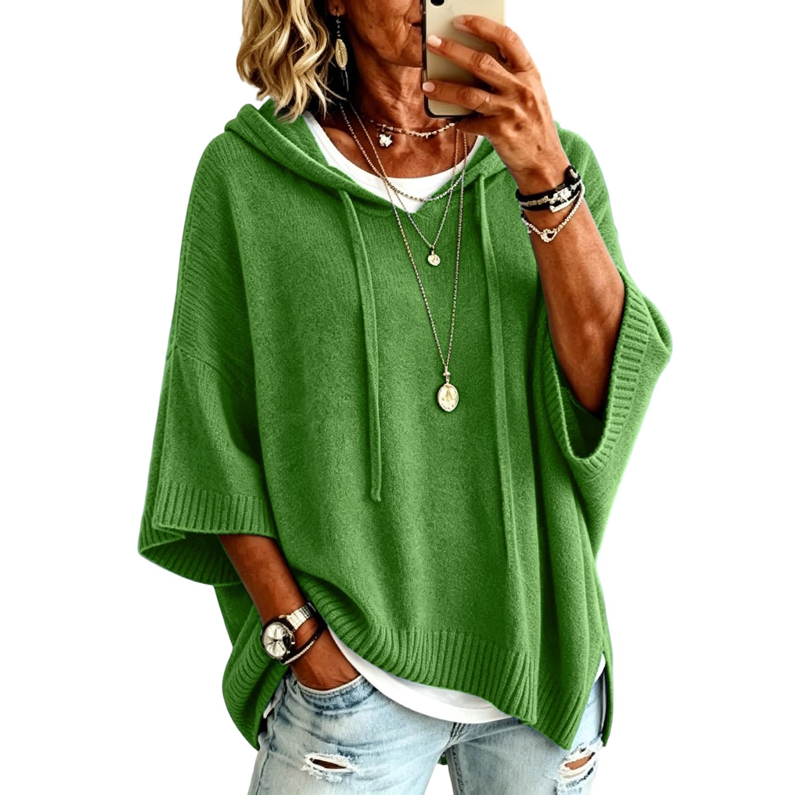 Strickpullover Damen 3/4 Arm Elegant Weichem Herbst Oversize Hoodie