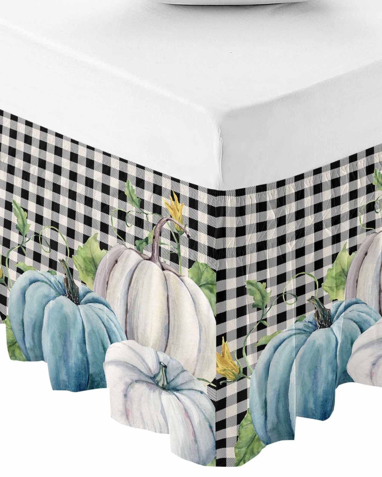 Thanksgiving Bed Skirt California King 18 Inch Drop, Fall Pumpkin Eucalyptus Leaves Black White Plaid Adjustable Elastic Wrap Around Bed Skirts Pleated Bed Ruffles Bedskirt for Bedroom Hotel