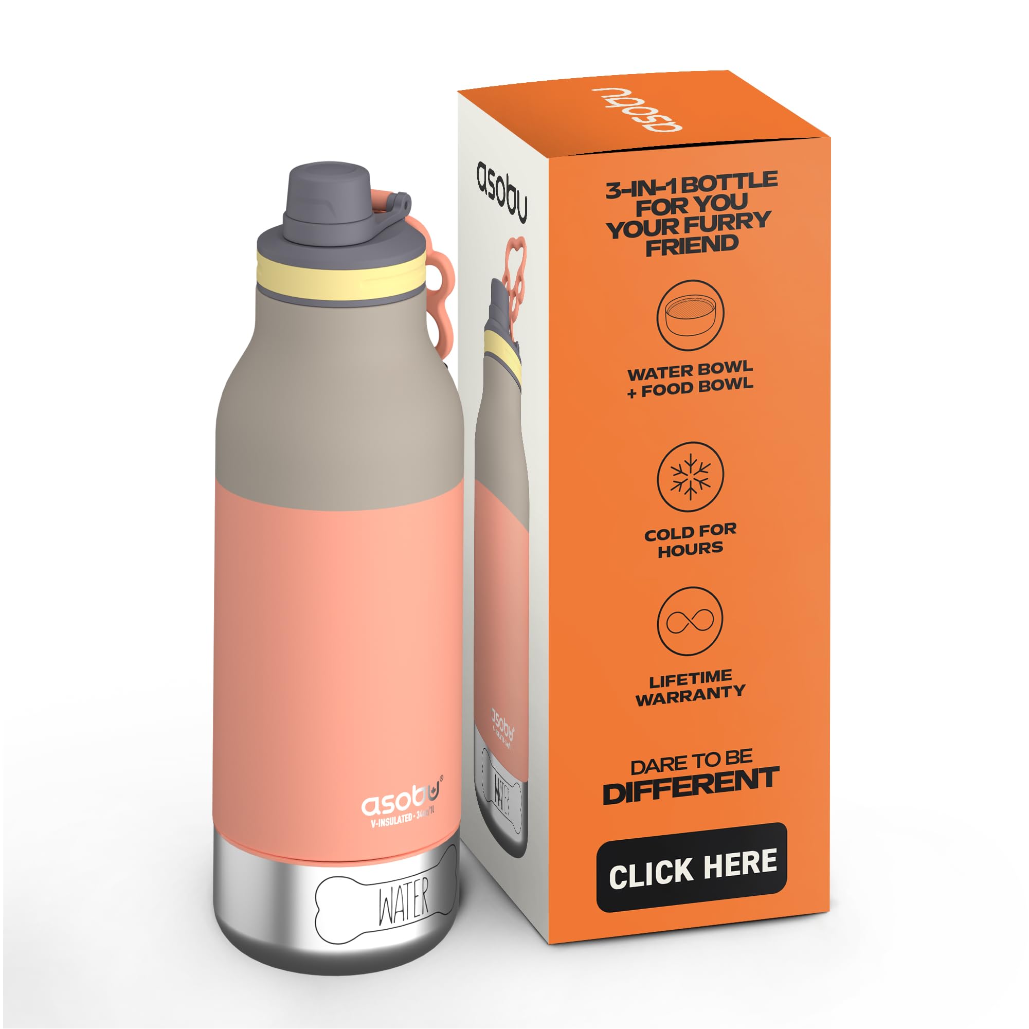 ASOBU Buddy Pastel Peach Orange Water Bottle 1L Perfect for those who love to share every adventure with their four-legged friend