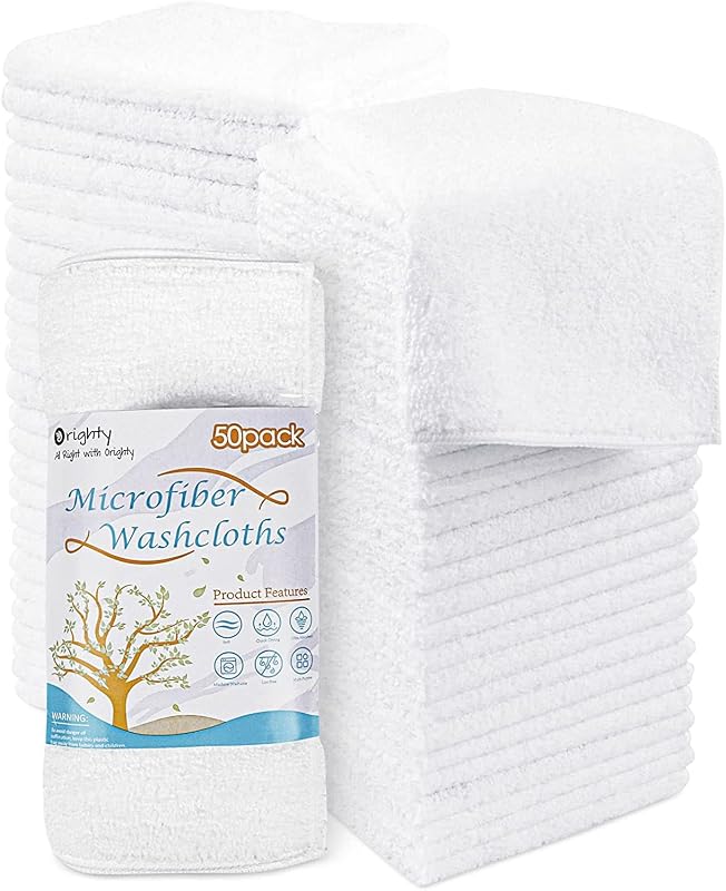 Toallitas Orighty a granel, paquete de 50 toallas faciales de microfibra, 12x12 pulgadas blancas | Tacto altamente absorbente y suave, toallitas multiusos y toallas de mano para baño, hotel, spa y gimnasio