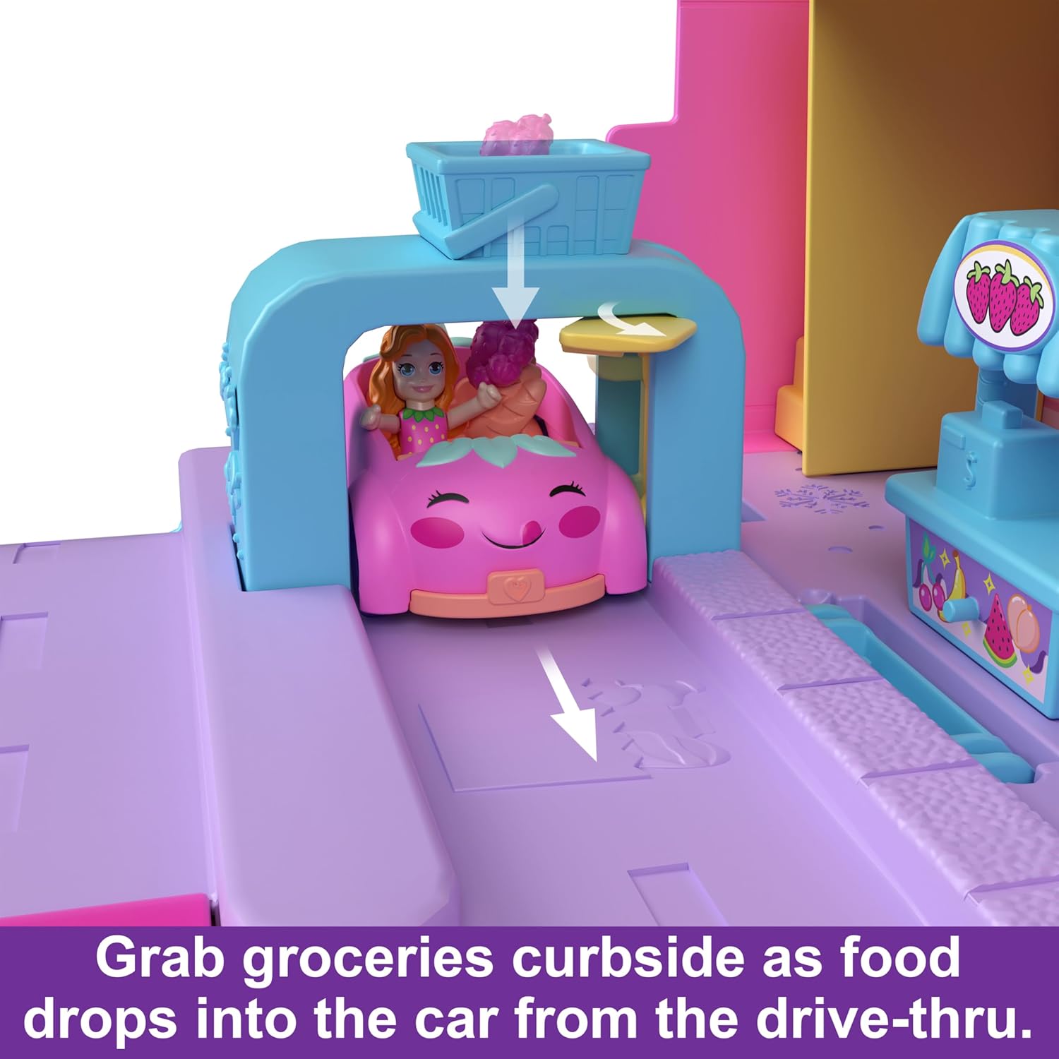 Polly Pocket Pollyville Fresh Market Dolls & Playset, Food Toy with 2 Micro Dolls, 12 Accessories Include Toy Car & Pet