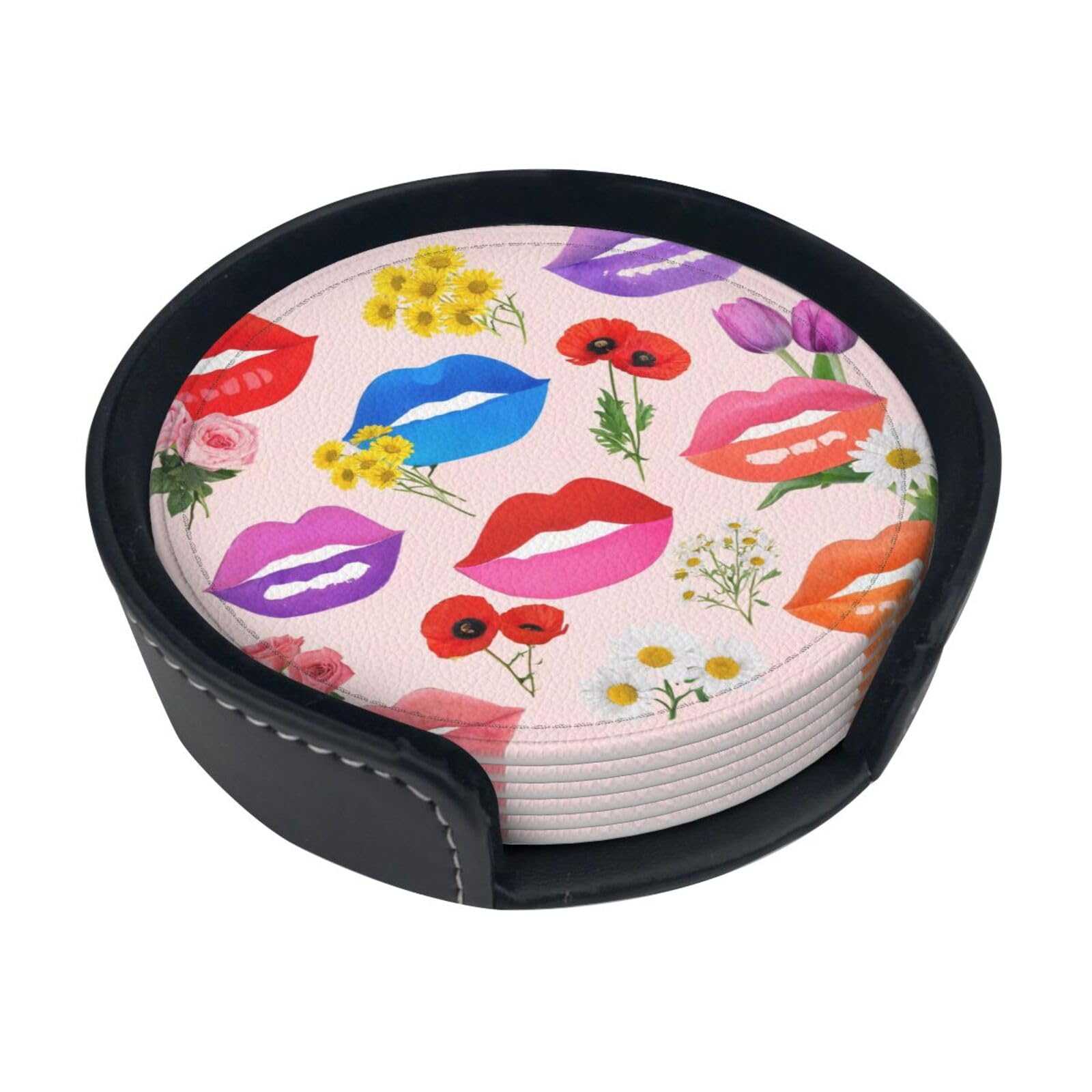Lip Flower Leather Coasters-Set of 6 with Storage Holder