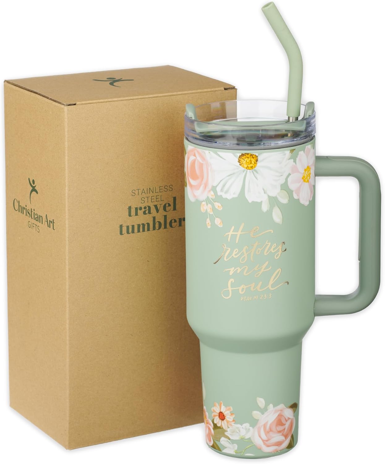 Christian Art Gifts Inspirational Stainless Steel Double-Wall Insulated XL Travel Mug Tumbler Thermos for Women: He Restores My Soul Scripture, Reusable Straw, Twist Lid, Light Green Floral, 40 oz. - Image 9