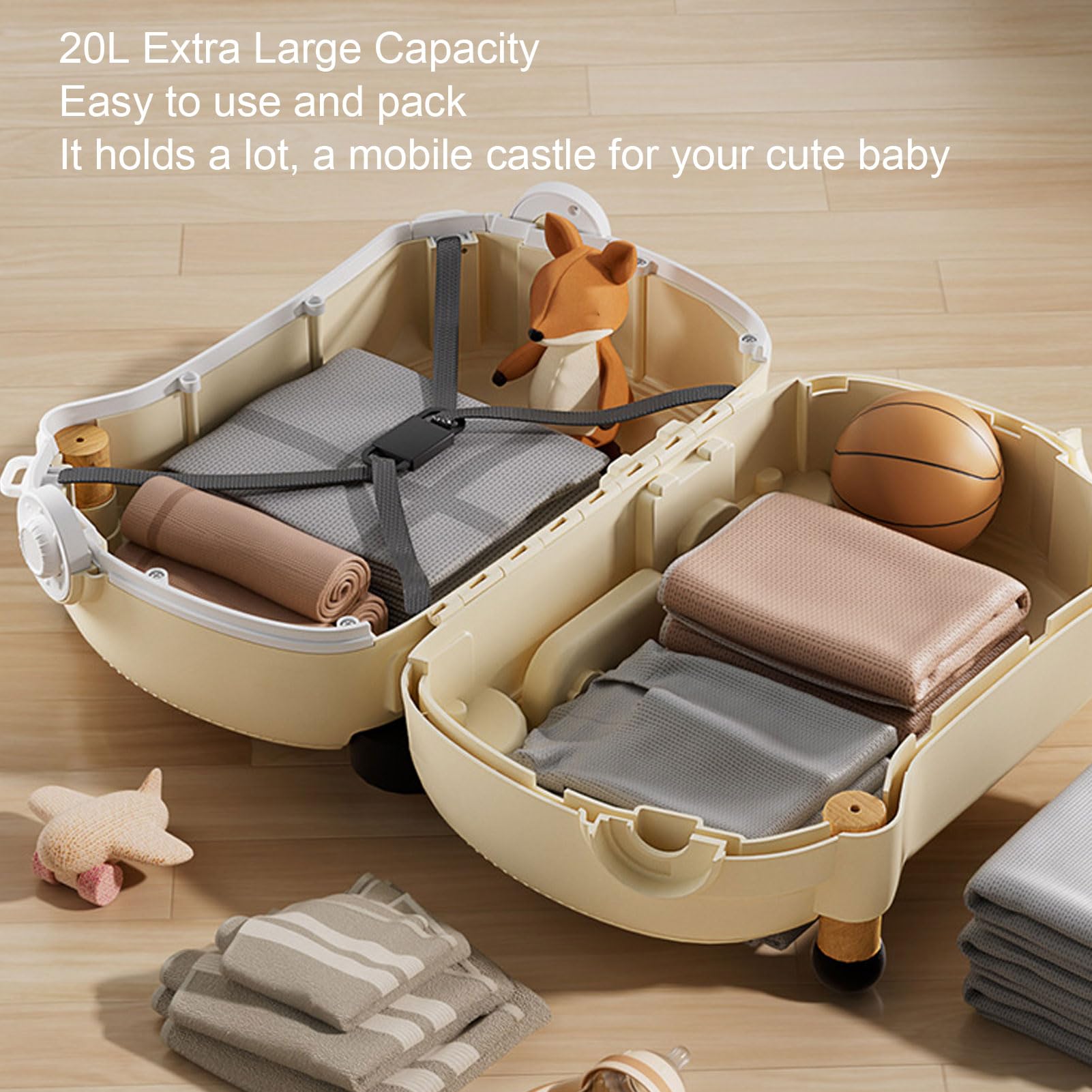 Luocute Bagagli da Viaggio, Valigia con Rotelle per Bambini con Ruote, Luci Musicali, capacità di 20 Litri, Multi modalità, Antiribaltamento, per Bambini da Viaggio da 1 a 5 Anni (Beige)