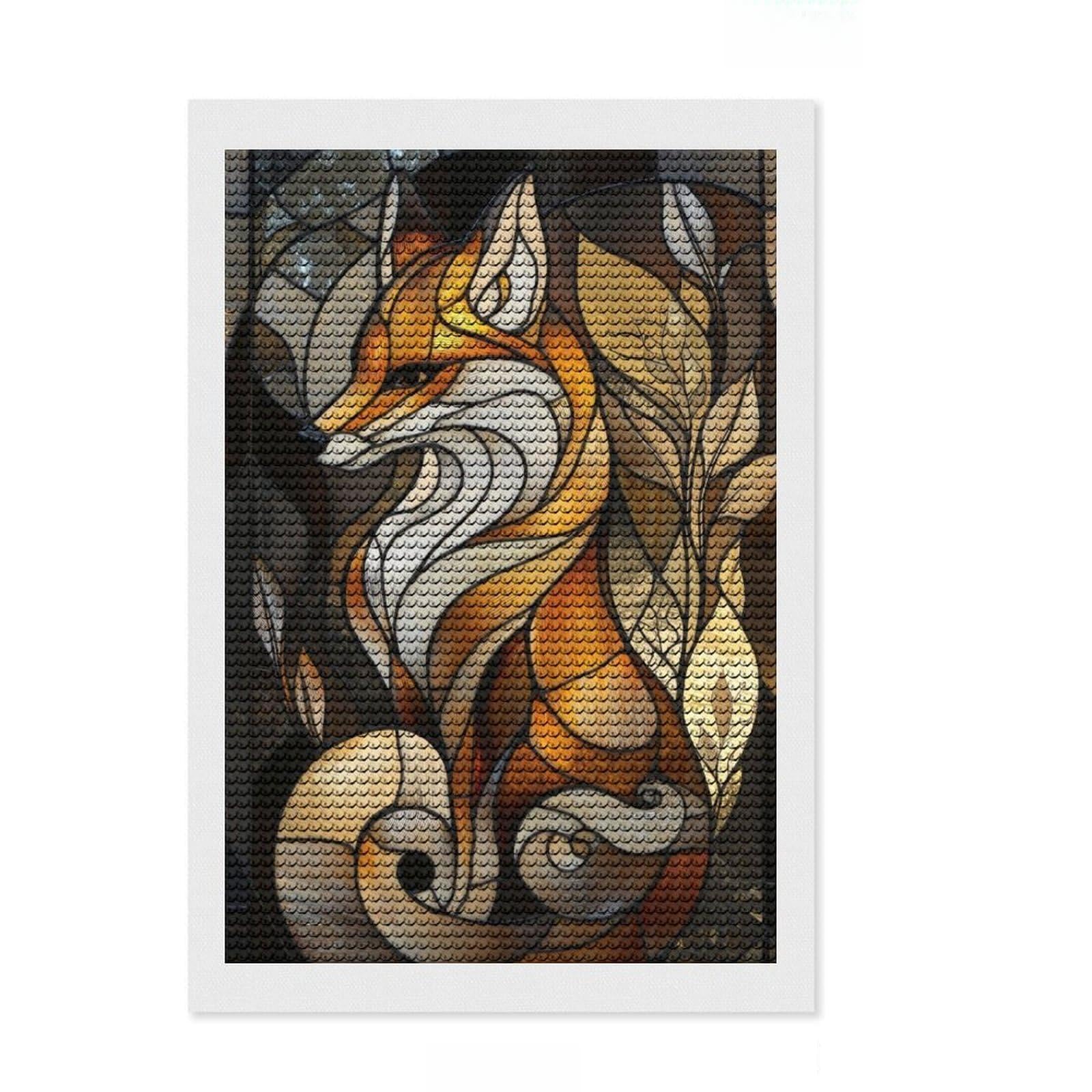 Junmoney Stained Glass Fox Crystal Diamond Art Kit 8"x12", Wall Art Gift, Aesthetic Room Decor, Modern Decor, Decorative Artwork