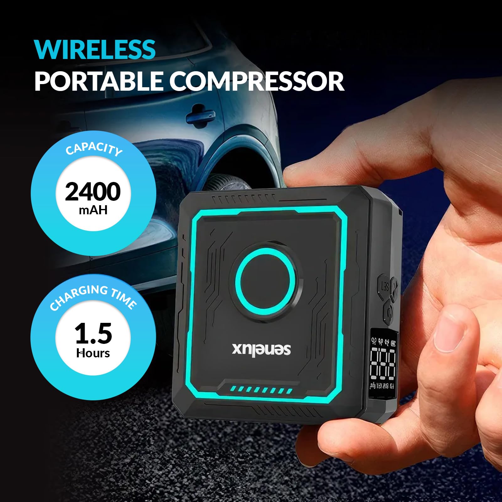 Senelux Mini pompa elettrica per bici da 150 psi, compressore d'aria portatile senza fili, con manometro digitale, arresto automatico e preset intelligenti, ricaricabile USB-C, per bici da strada con