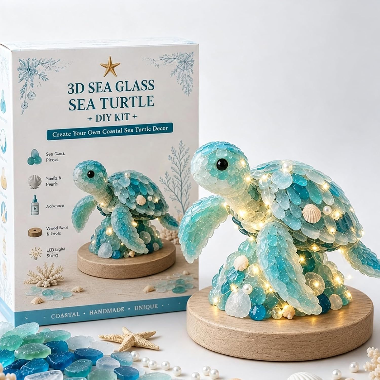 Sea Glass Art Kit, DIY Mosaic Craft Kit with Shells & Pearls，Sea Turtle