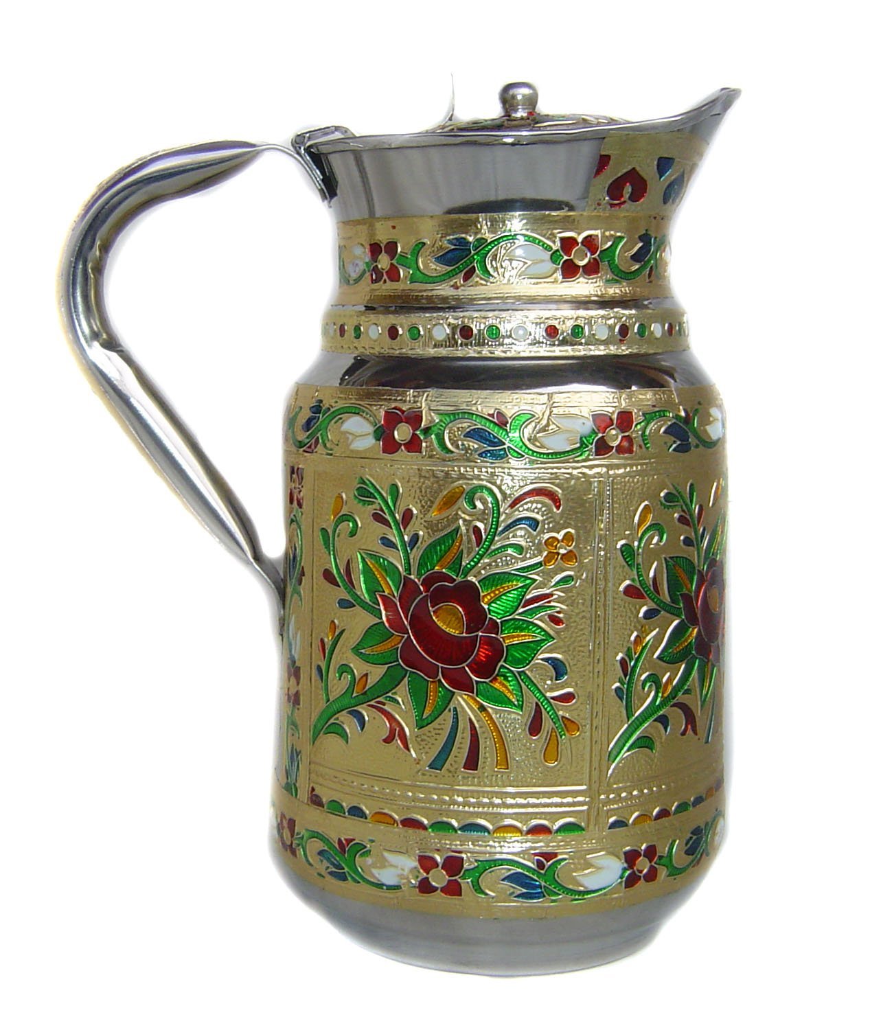 Meenakari Pichet à eau indien en acier inoxydable fin, carafe décorative, vaisselle de table, boisson de cuisine, récipient de stockage d'eau – Capacité de 1,5 litre (vert)
