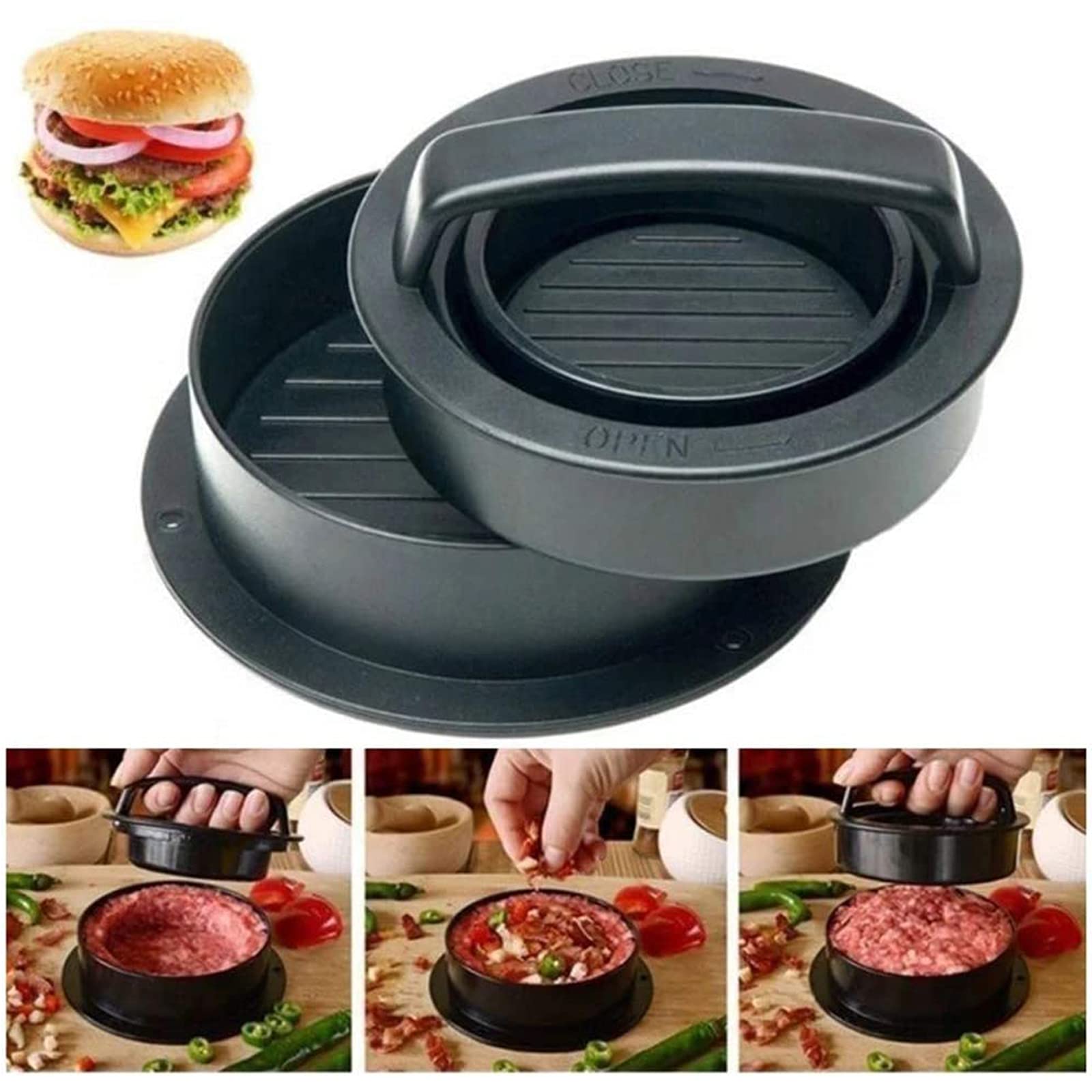 Generic Kommerzielle professionelle 2-teilige Hamburger-Maker, 3-in-1-Burgerpresse, runde Form, Antihaft-PaMaker-Form, für gefüllte Cheeseburger Slider Stuffer