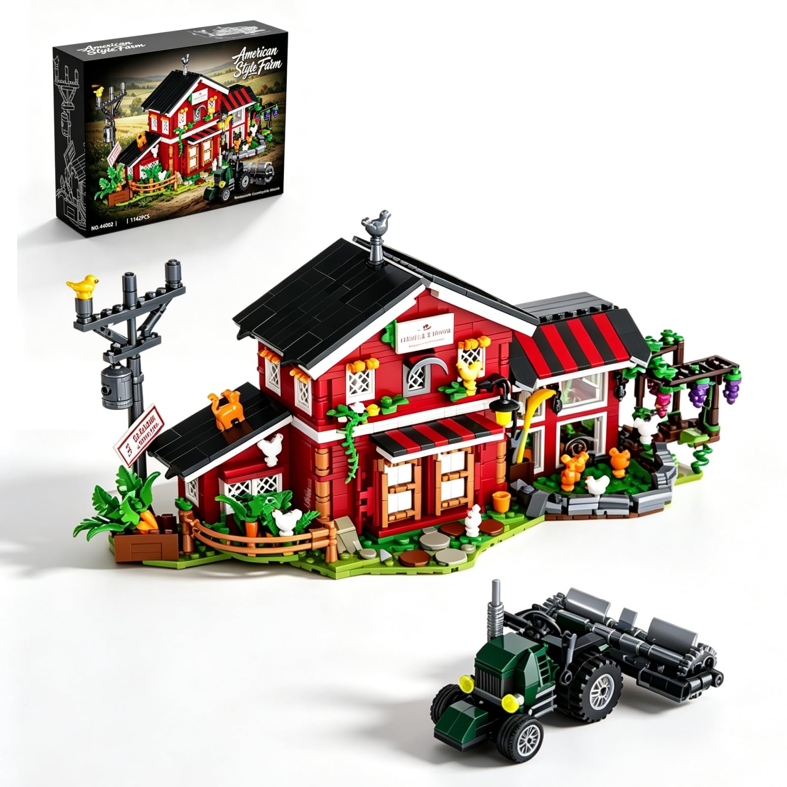 Western Farm Bausteine, Rotes Scheunen Hühnerstall Architektur Modell | Ländliches Bauernhaus Bauspielzeug mit Hühnerstall Traktor Weinlaube, Dekoration für Homeoffice, Geschenk für Erwachsene