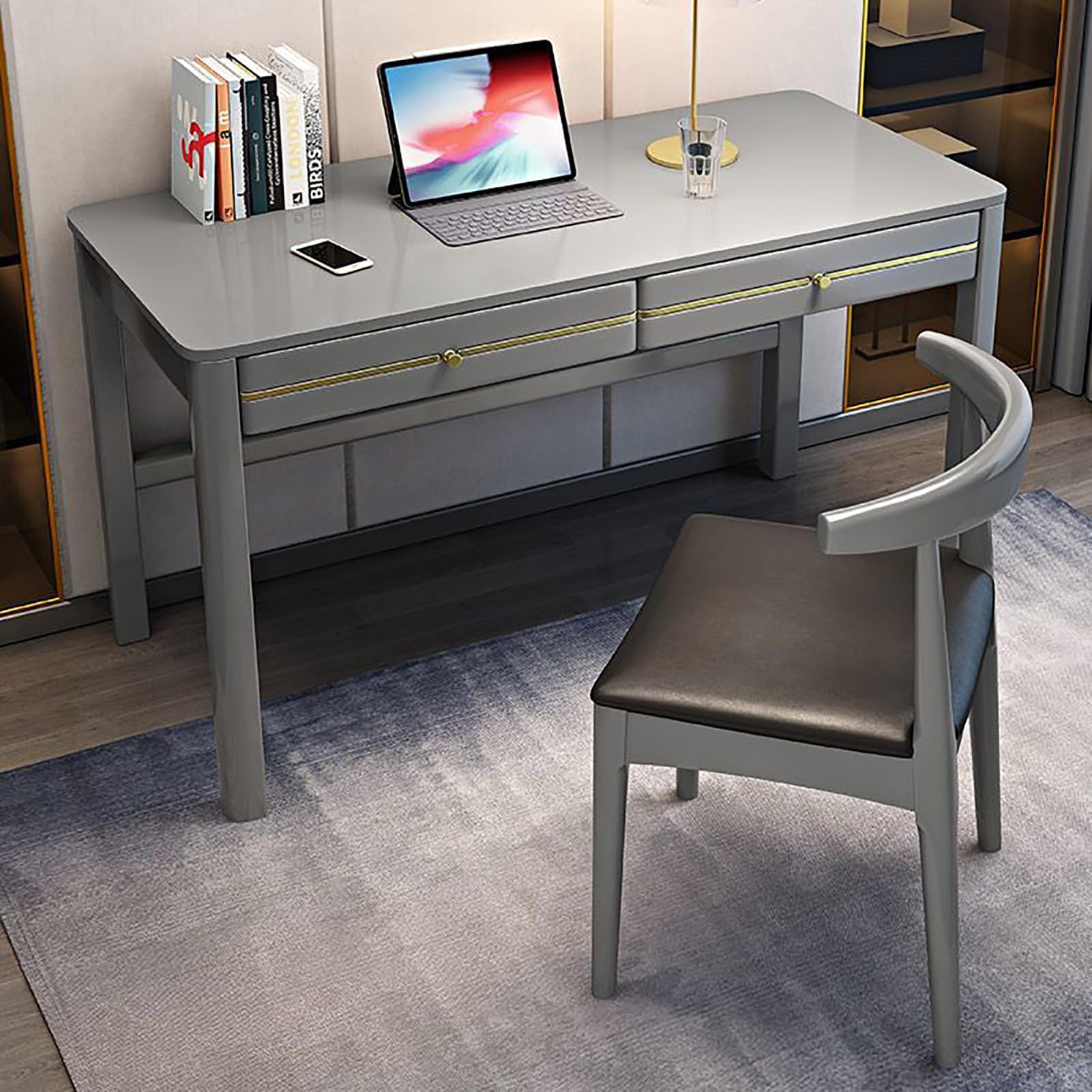 Wdsopk Grey Mid-Century Modern Solid Wood Writing, 2-Drawer Home Office Computer Workstation, Large Surface Study Table For Remote Work, Walnut Finish（-100X60x75cm）