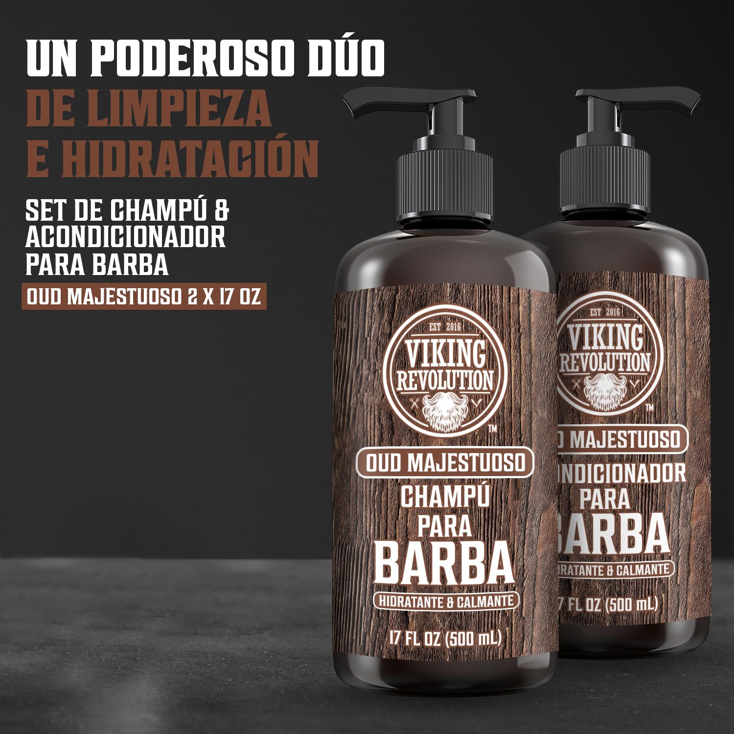 Viking Revolution Juego de Champú y Acondicionador de Barba con Aceites de Argán y Jojoba - Champú Barba Hombre que Suaviza, Alisa y Fortalece el Crecimiento - Oud Majestuoso 2x500 ml